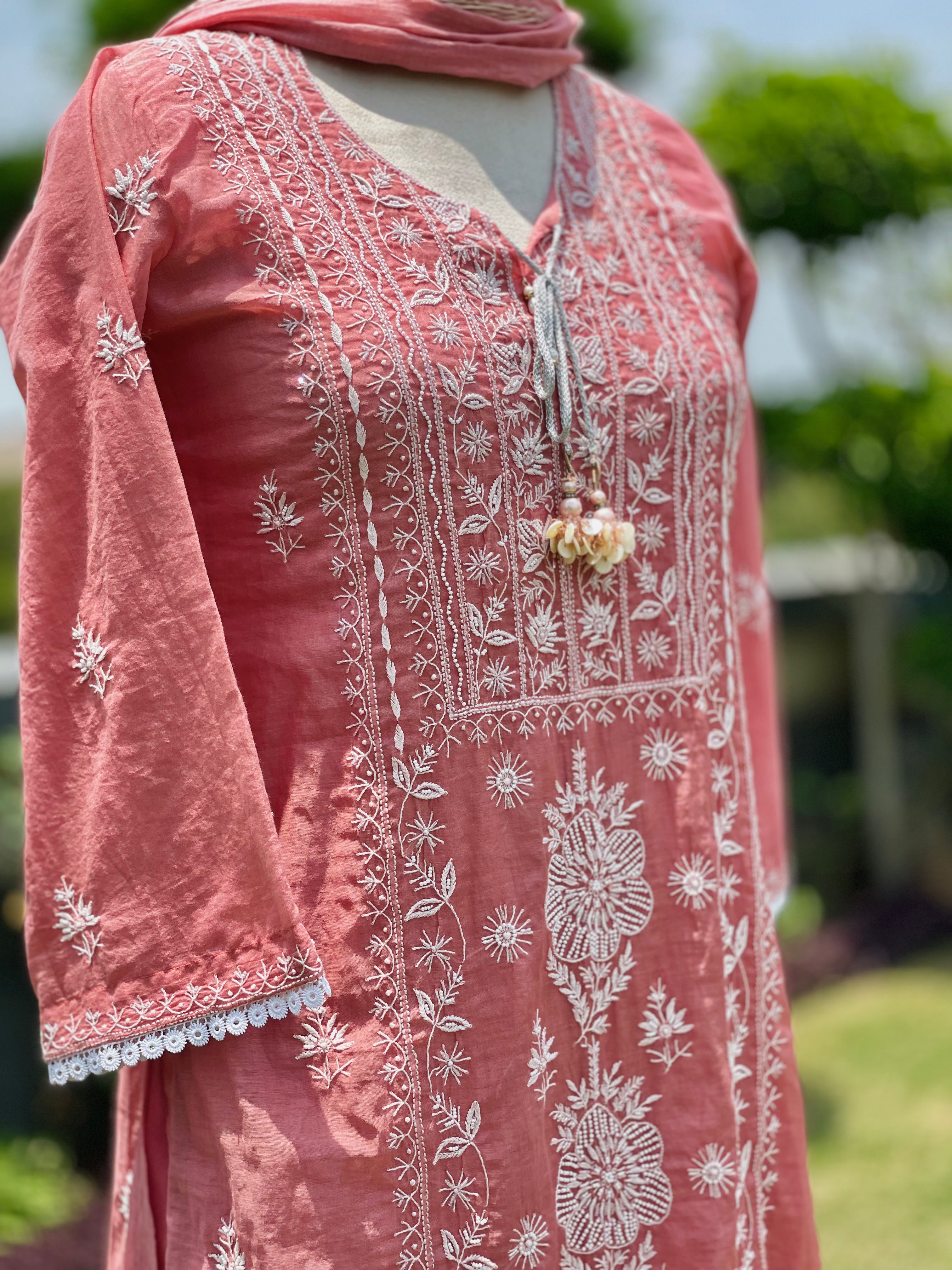 Rosewood Pink Gulnaar Mul Chanderi Kurta Pant Duapatta Set with Ivory Embroidery & Moti Cutdana