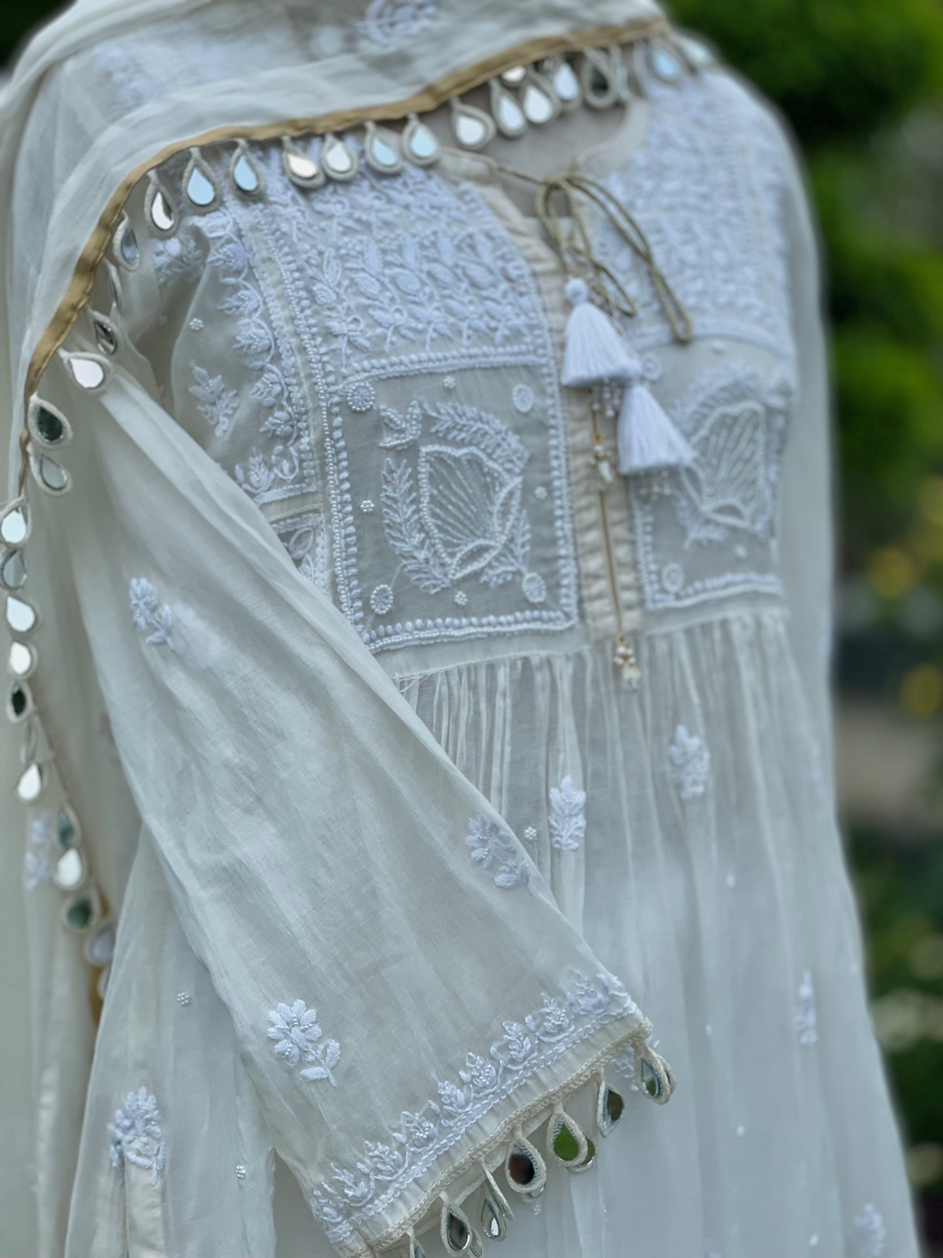 White Chanderi Manya Kurta Pant Dupatta with Moti Cutdana Mirror