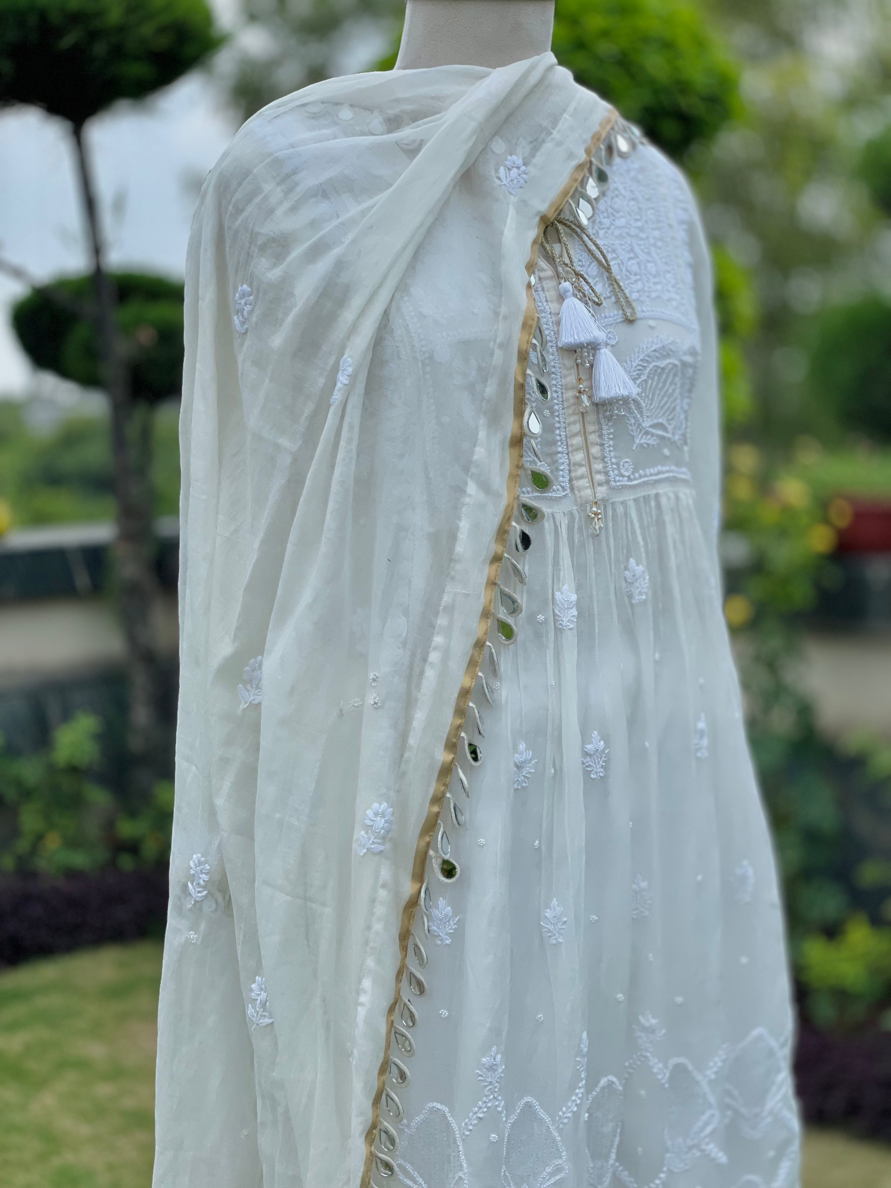 White Chanderi Manya Kurta Pant Dupatta with Moti Cutdana Mirror