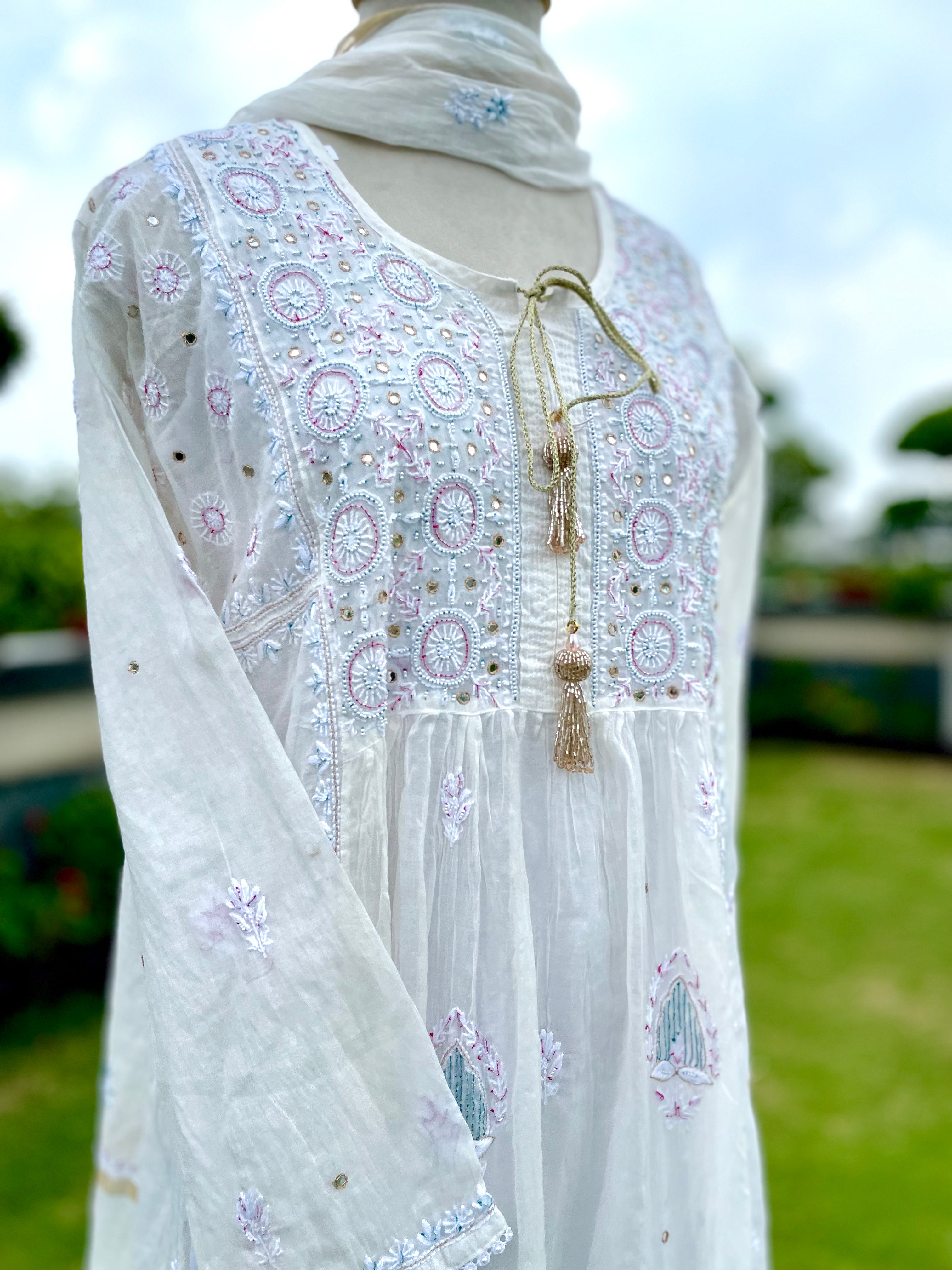 Ivory / Pink & Blue Mul Chanderi Kurta Pant Dupatta Set with Moti Cutdana