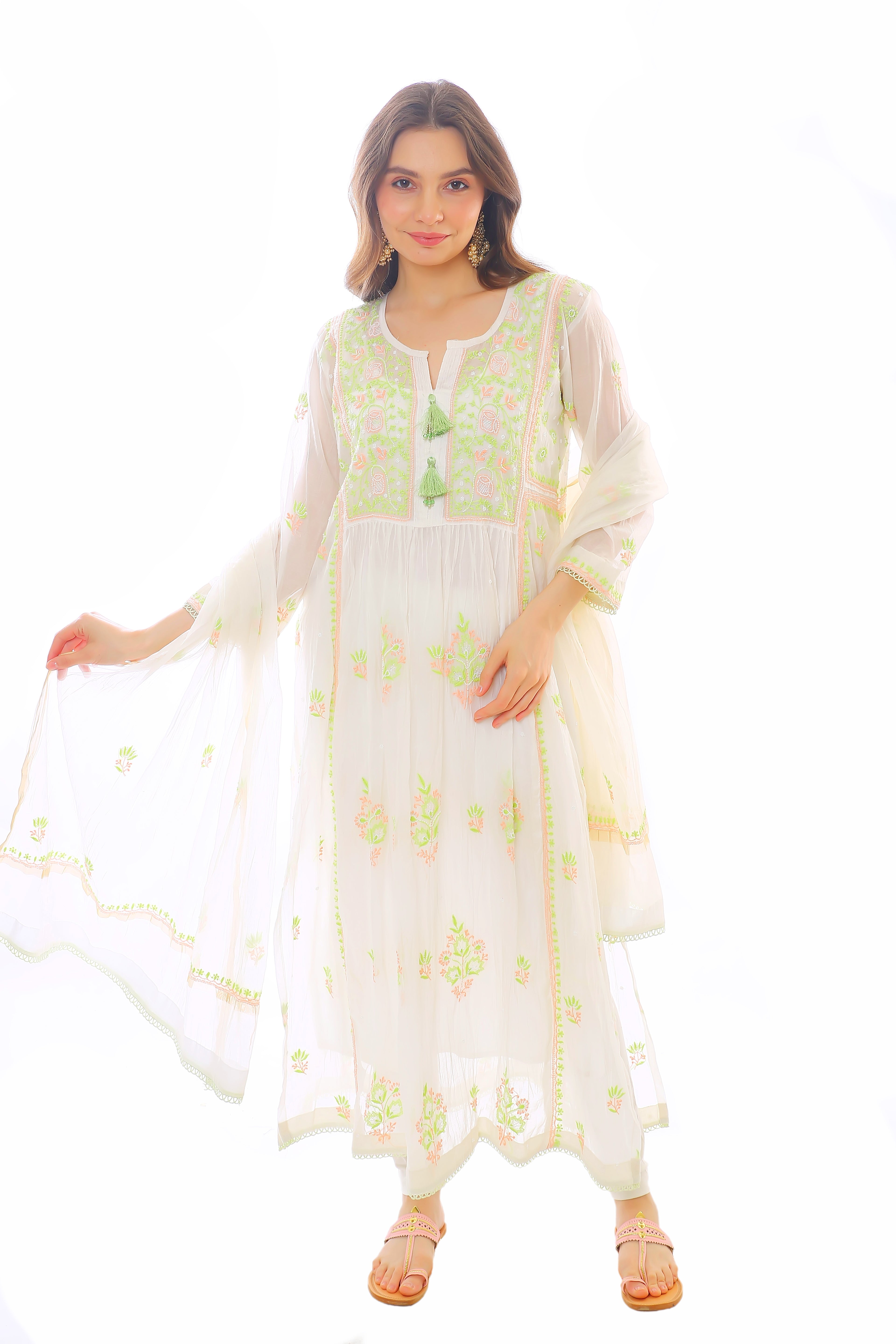 White / Green Kashish Mul Chanderi Kurta Dupatta Pant With Moti Cutdana