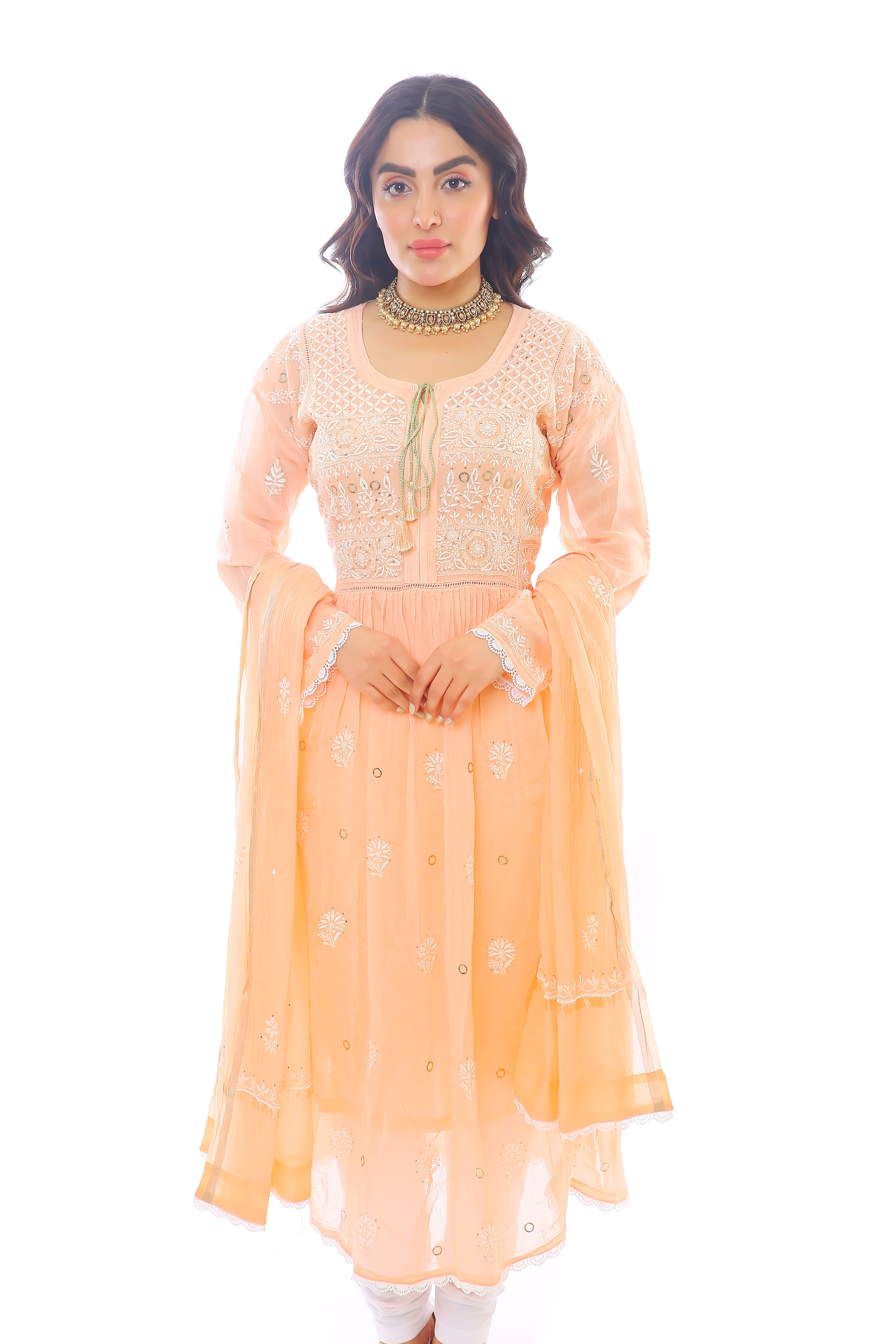 Peach Mul Chanderi Sehar Anarkali Set with Moti Cutdana