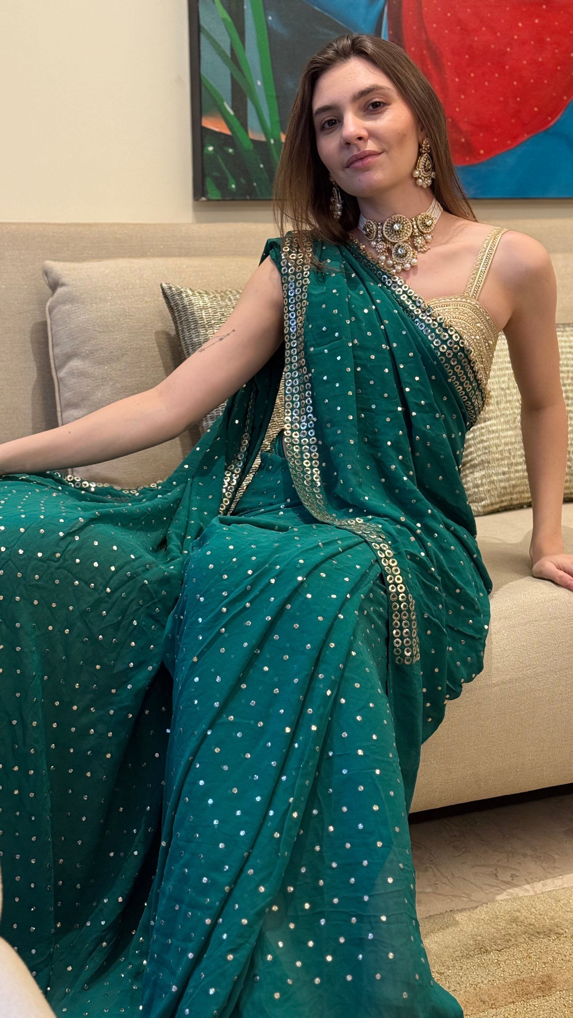 Emerald Green Georgette Mauvish Saree with Heavy Golden Pitta