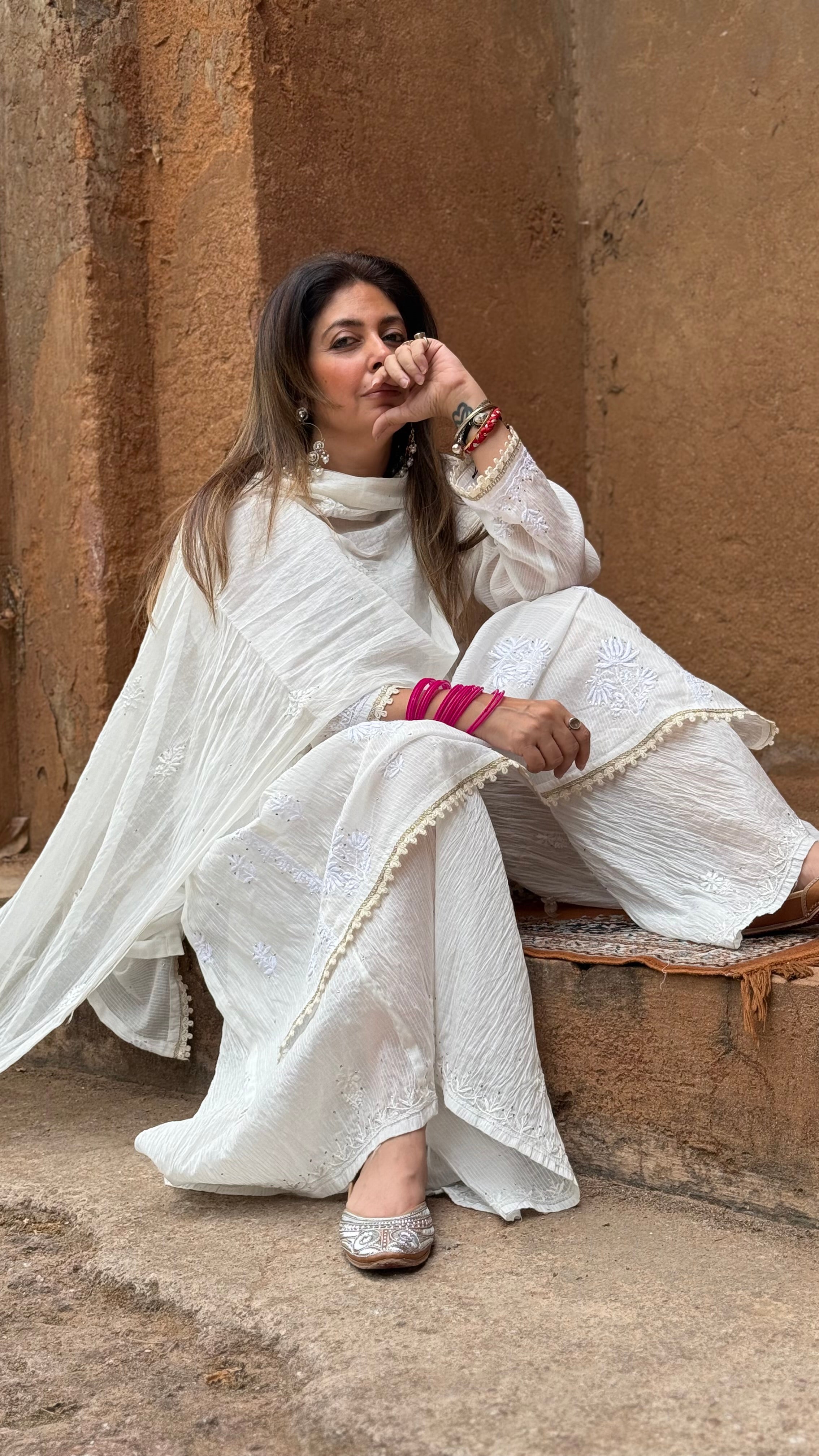 White Meher Mul Chanderi Gharara Set with Mukaish