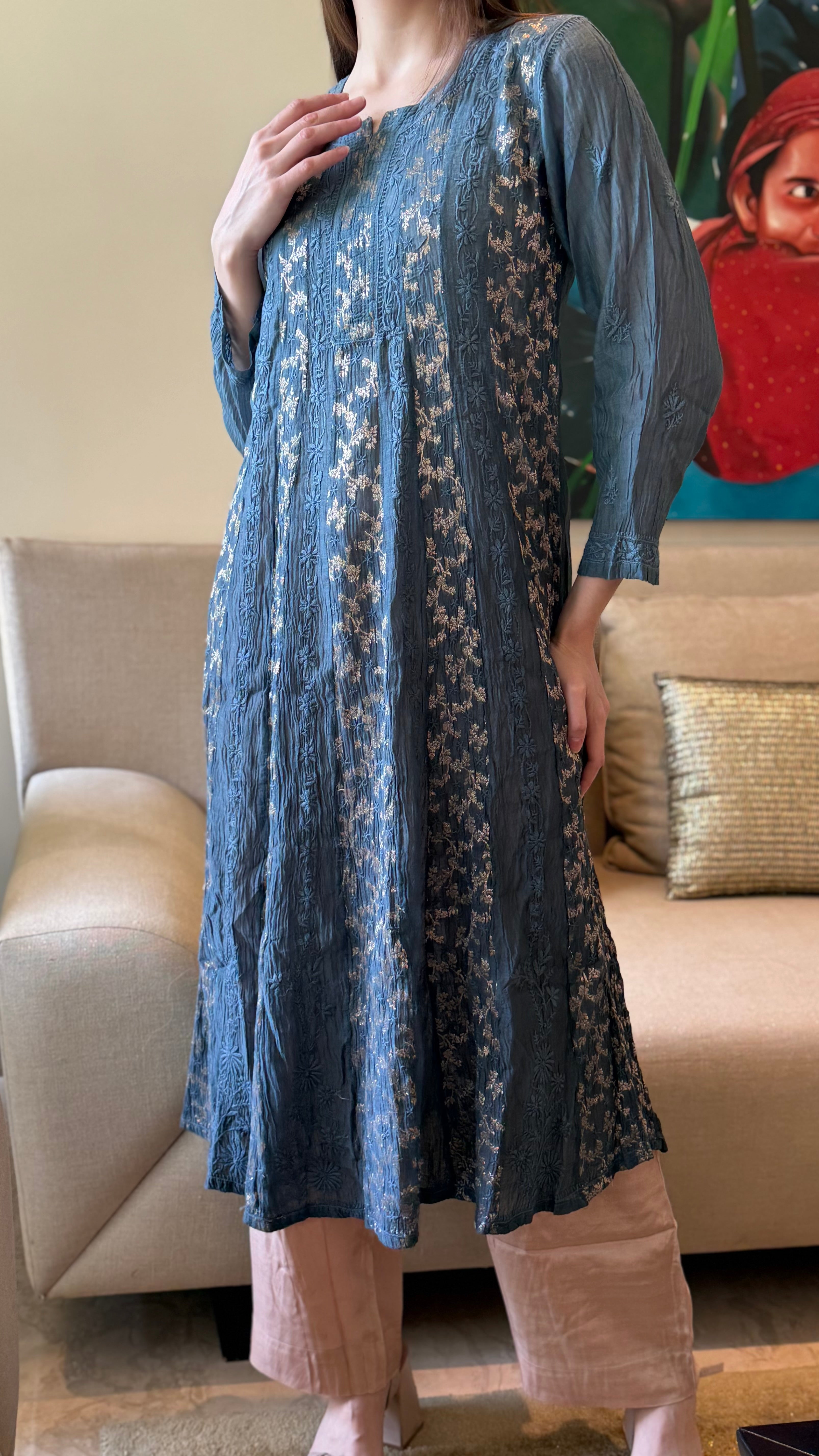 Navy Bano Mul Chanderi Anarkali With Brocade