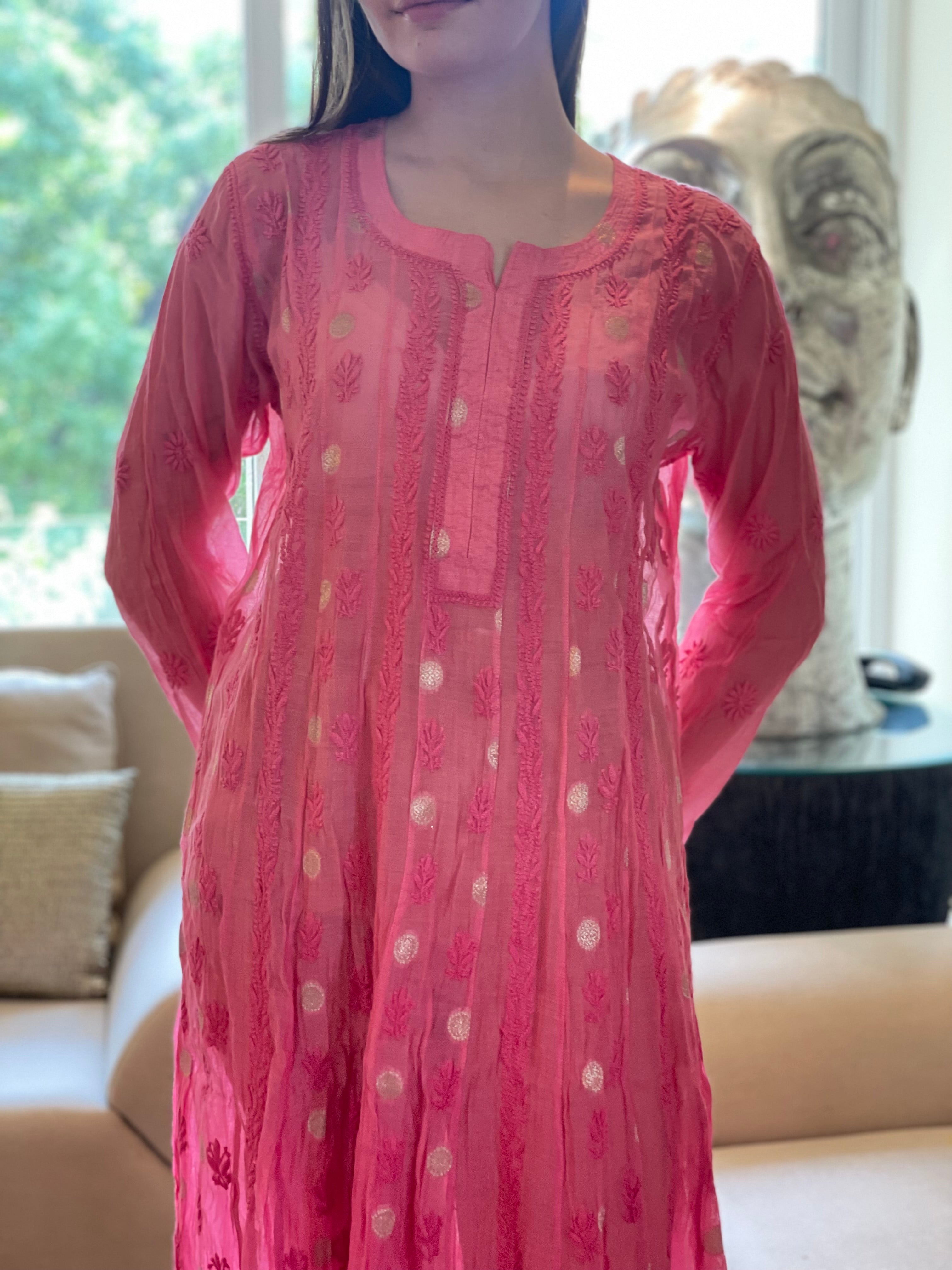 Pink Bano Mul Chanderi Anarkali With Brocade