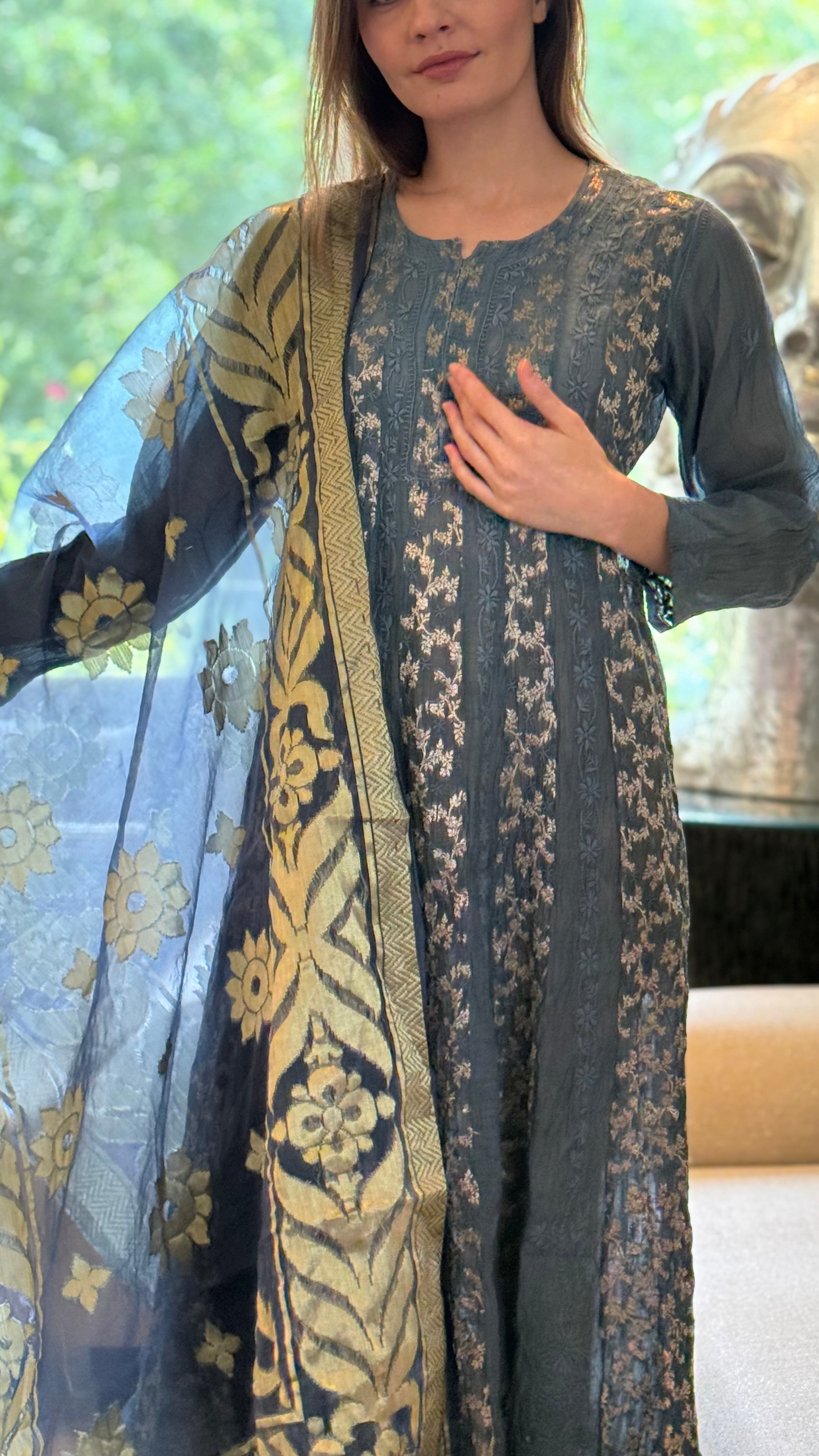 Navy Bano Mul Chanderi Anarkali With Brocade