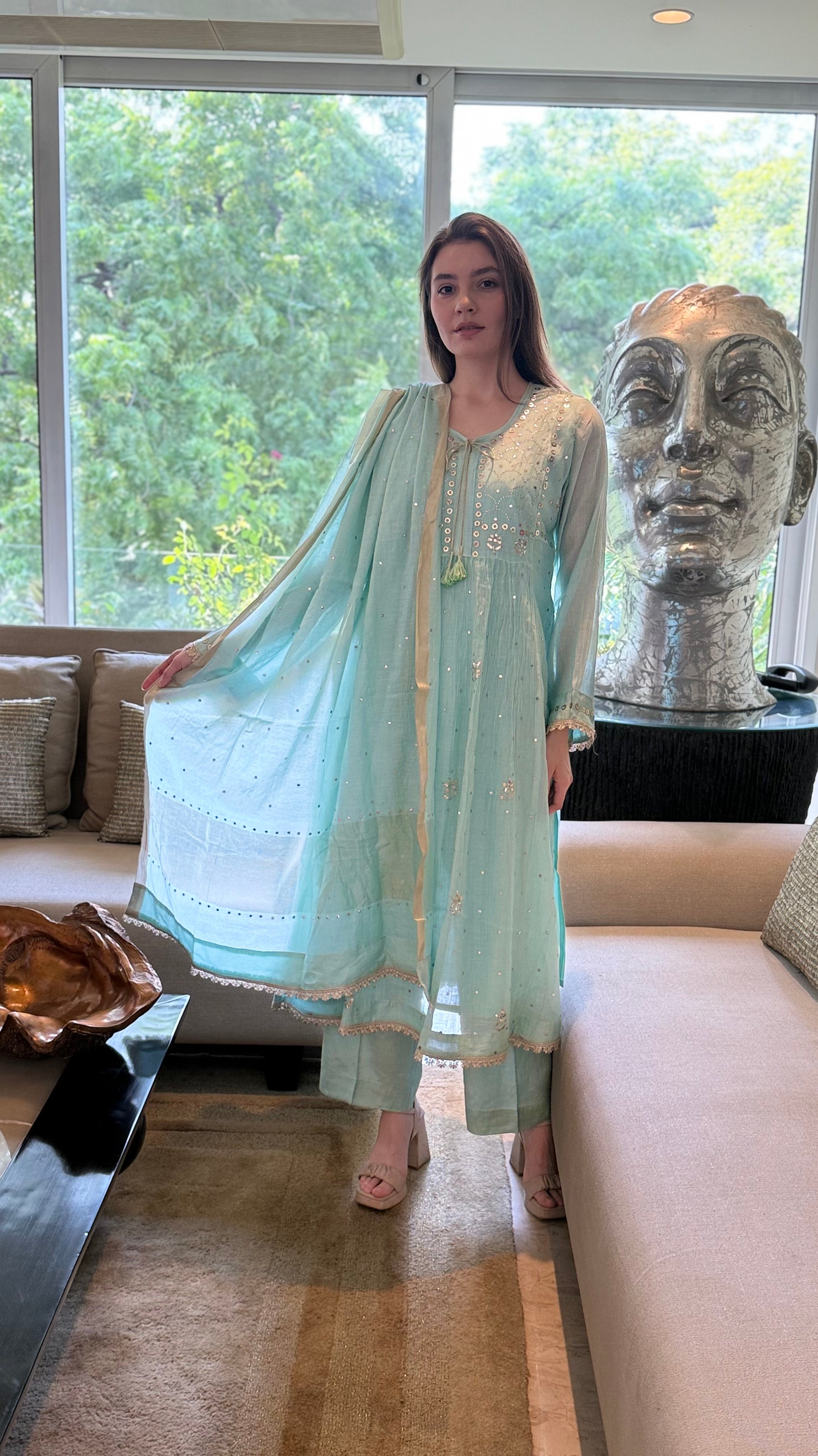 Aqua Haya Kurta Dupatta Pant Set in Chanderi with Golden Pitta