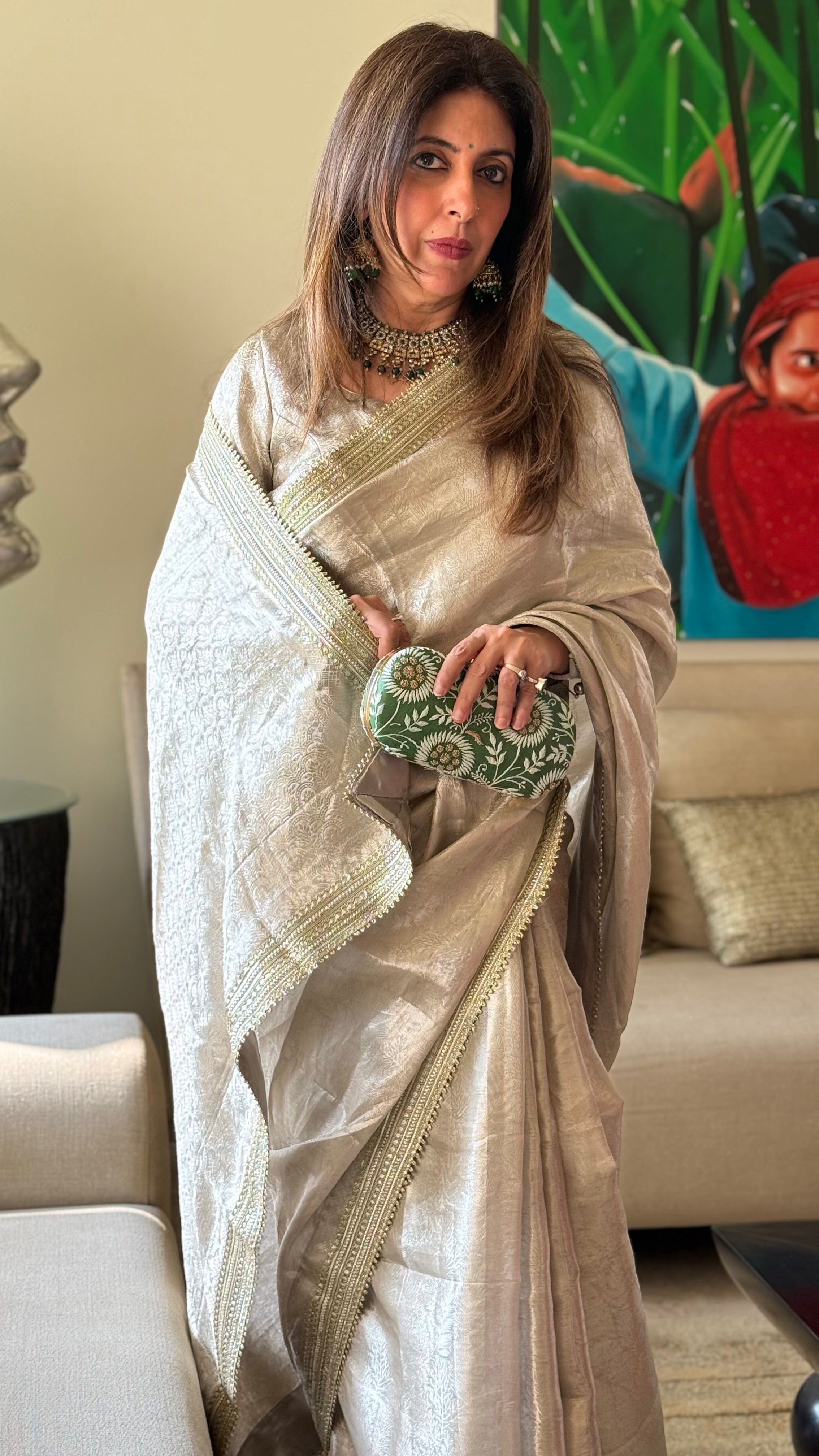 Naina Silver Banarasi Tissue Saree