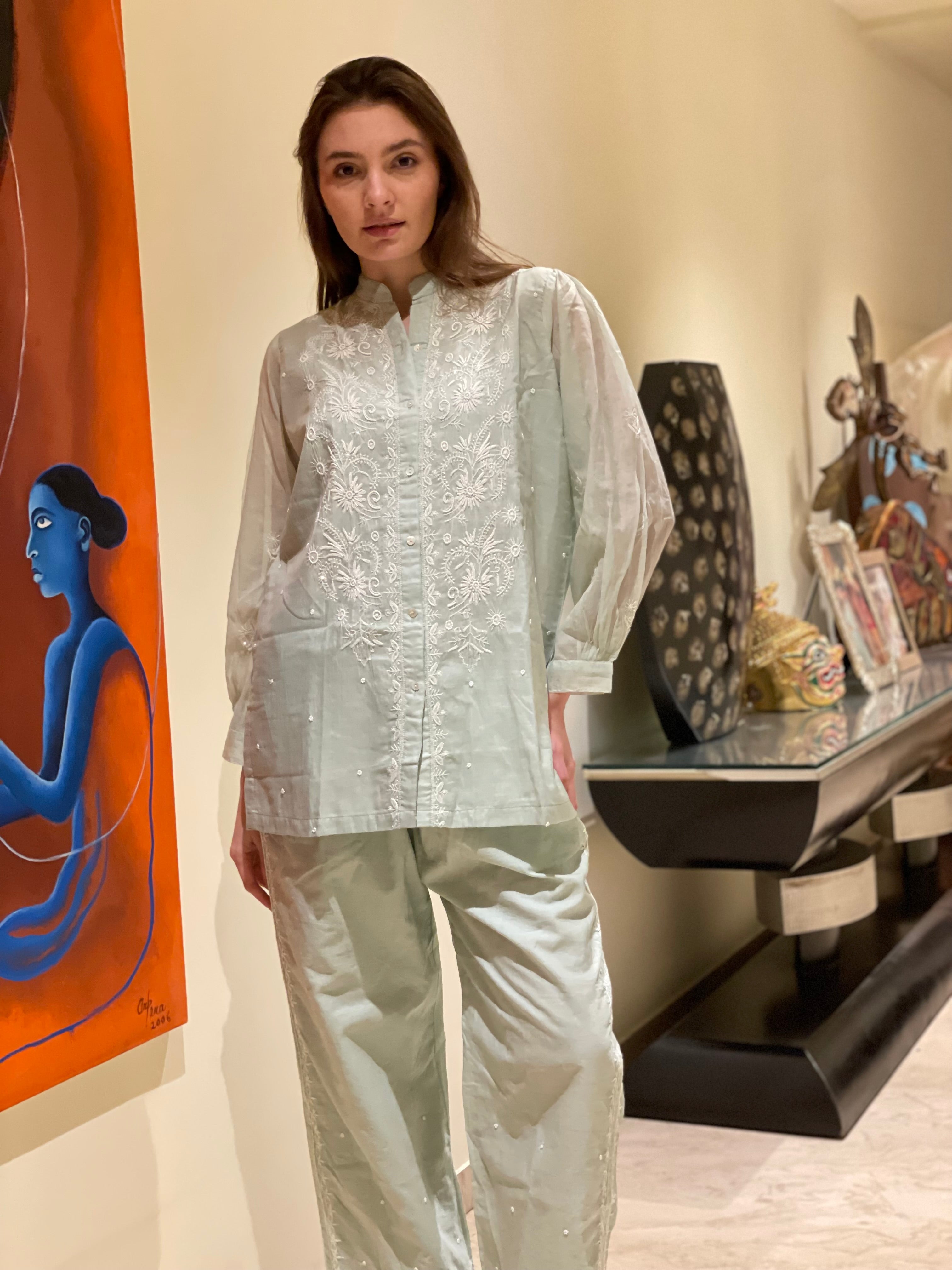 Aqua Mul Chanderi Jahan Chikankari Co-ord Set with Moti cutdana