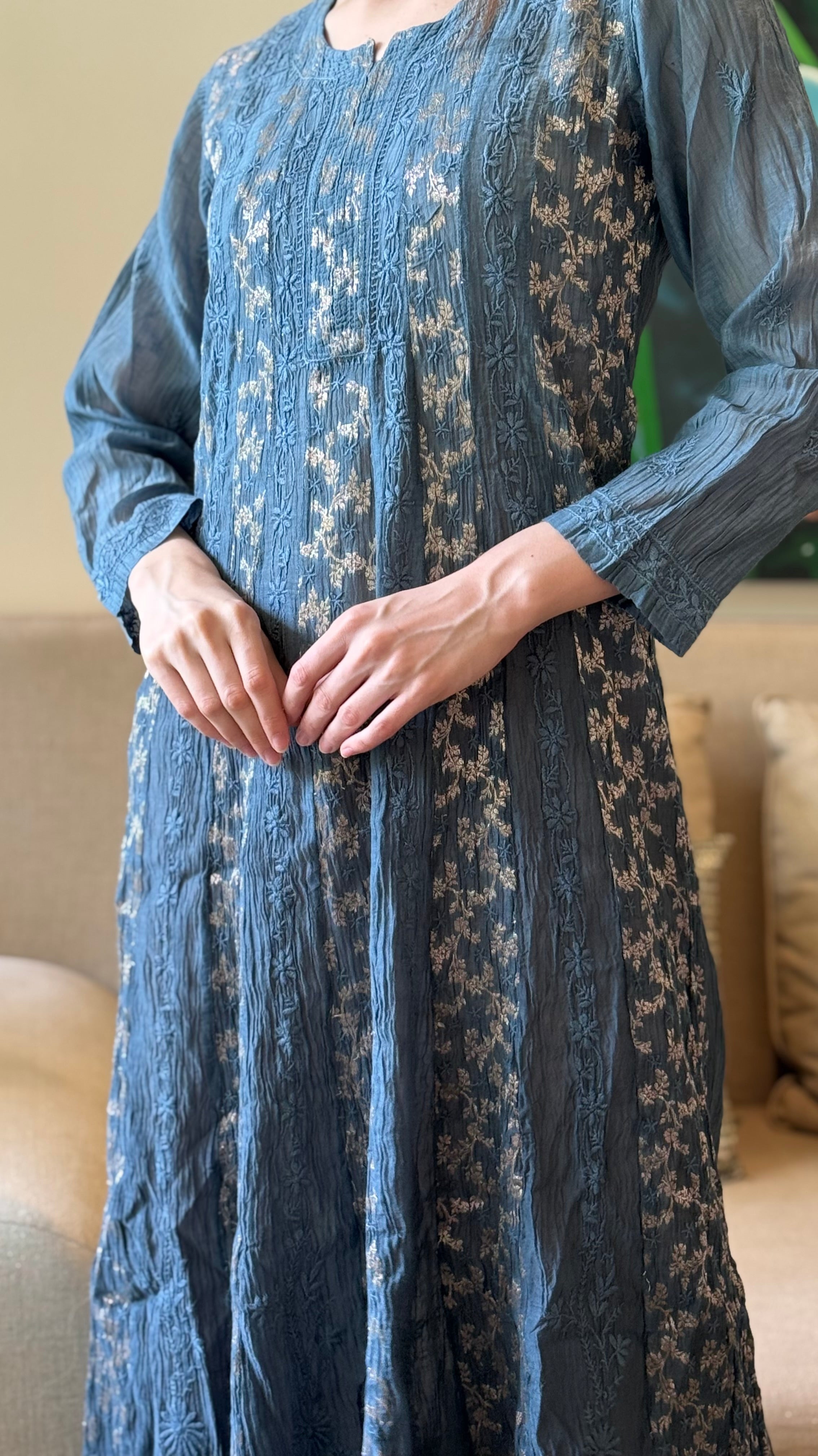 Navy Bano Mul Chanderi Anarkali With Brocade