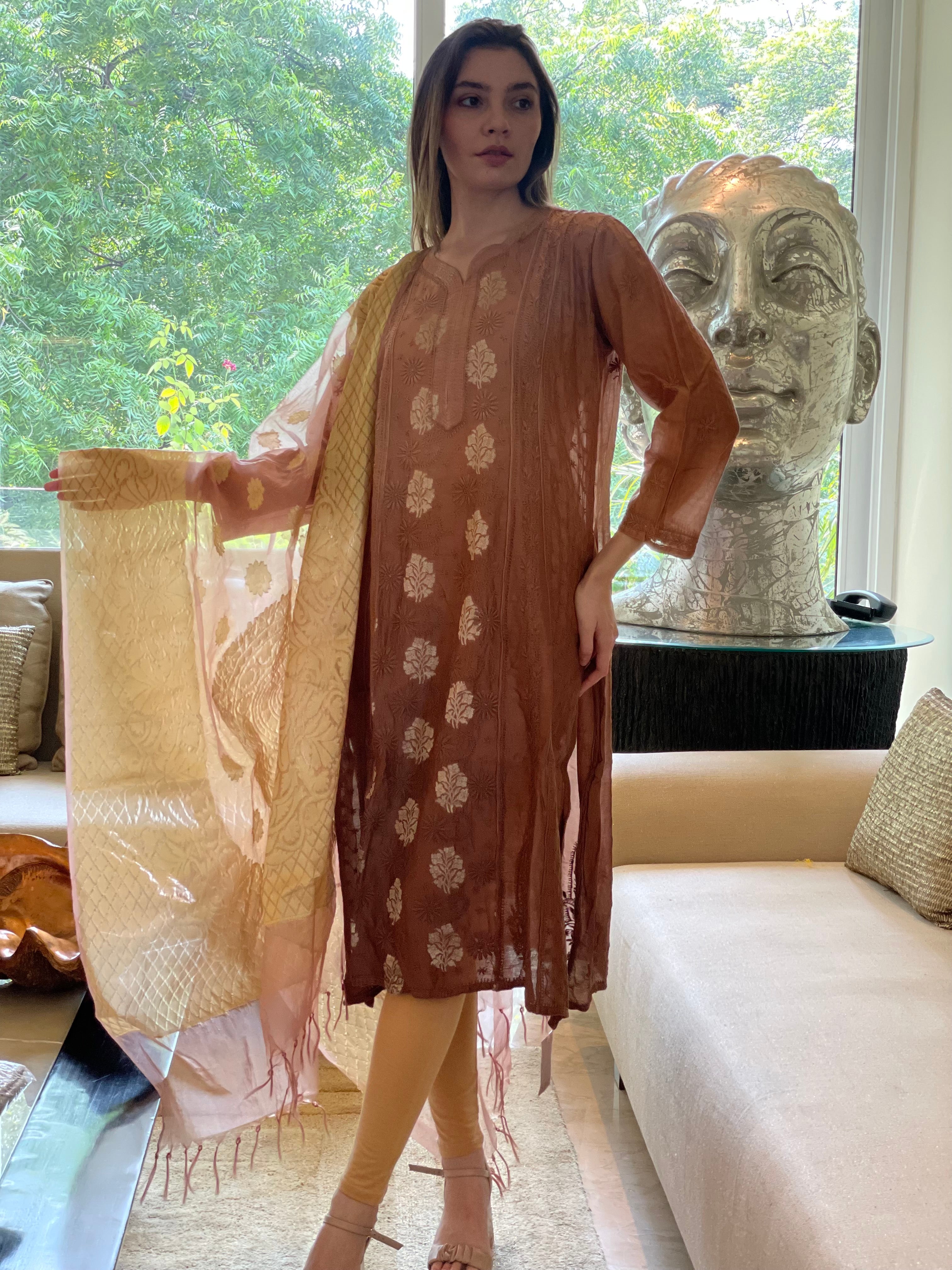 Rust Bano Mul Chanderi Anarkali With Brocade