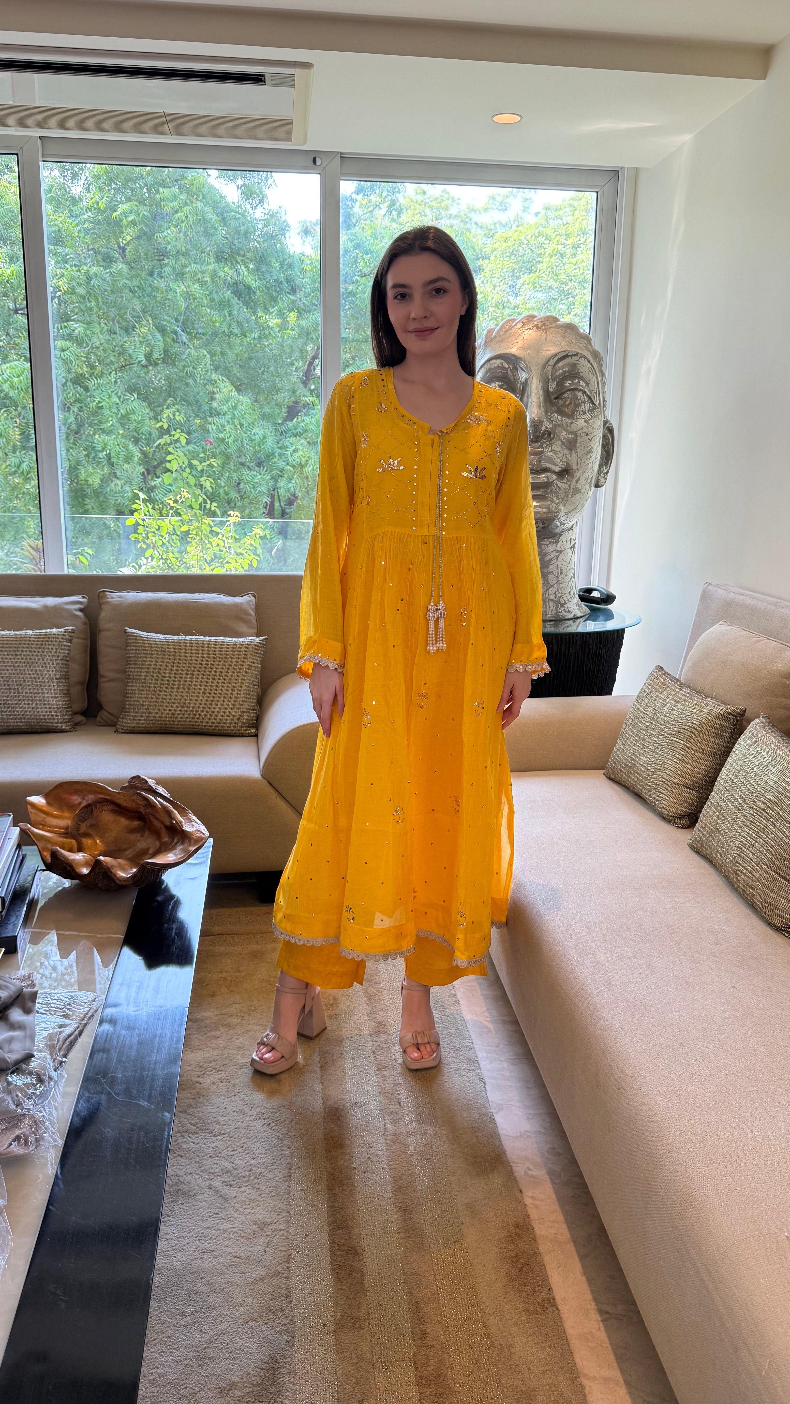 Yellow Haya Kurta Dupatta Pant Set in Chanderi with Golden Pitta
