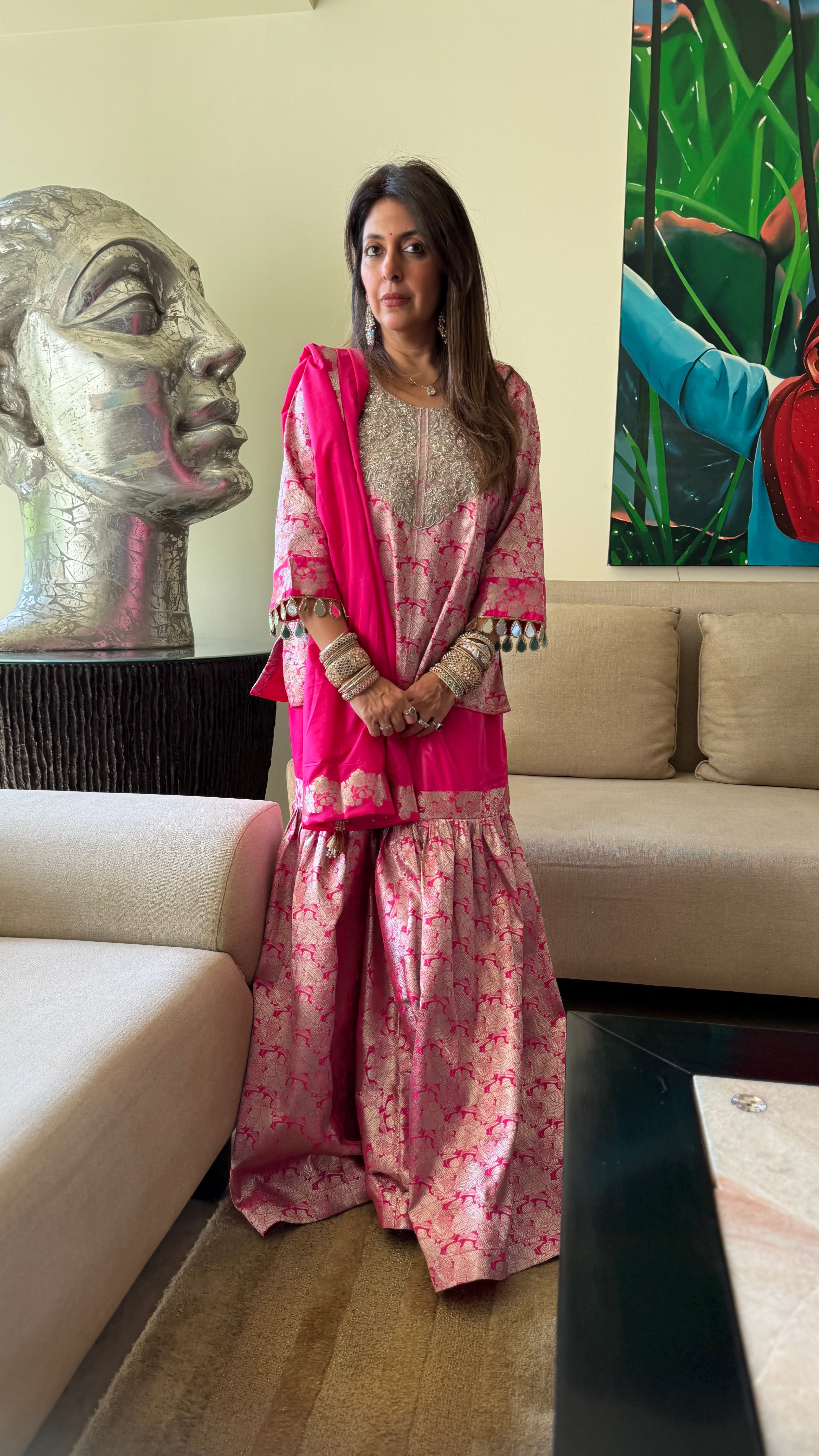 Pink Silver Noori Gharara brocade set