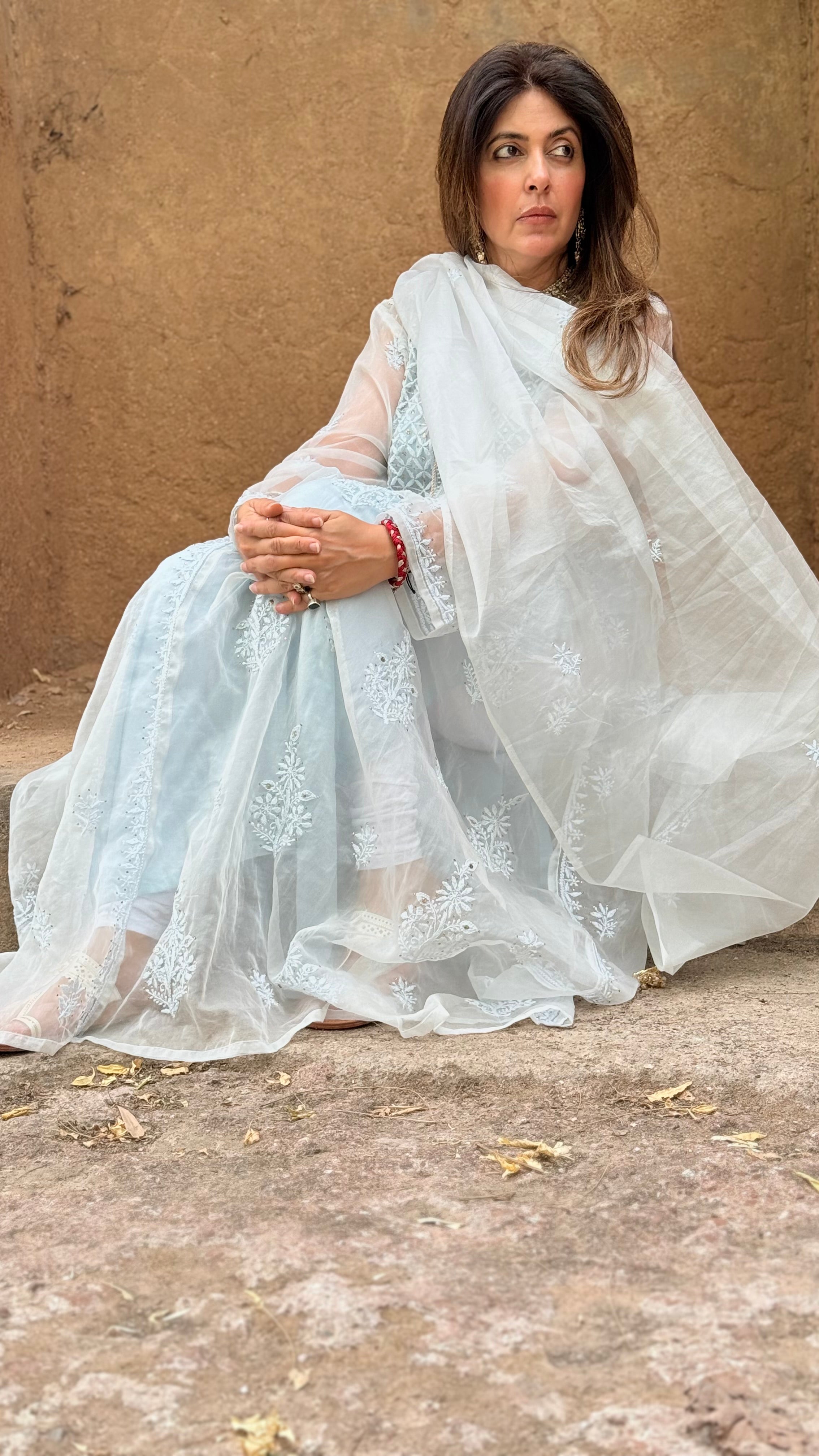 Ice Blue Organza Husna Kurta Pant Dupatta with Moti Cutdana