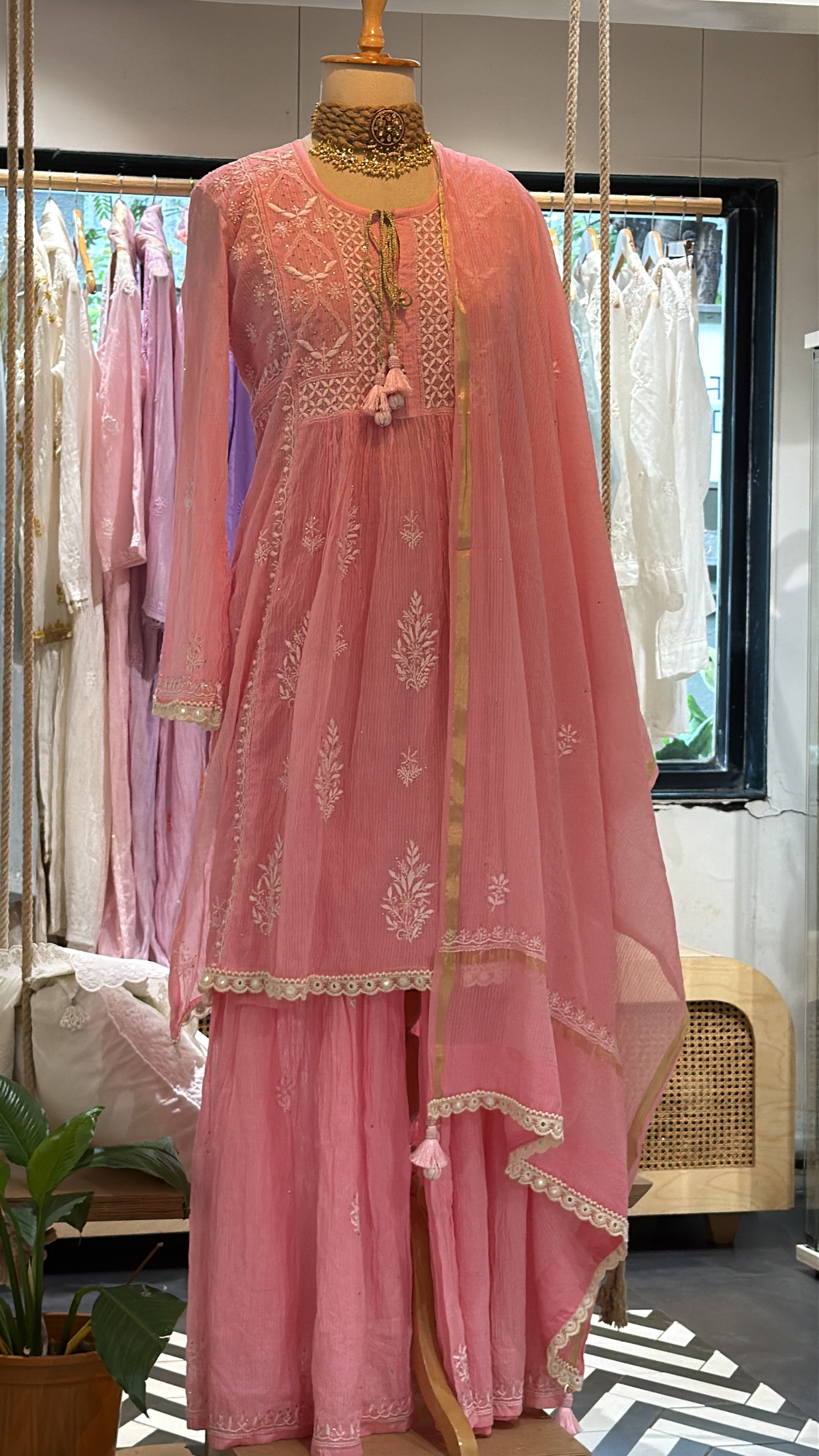 Pink Mul Chanderi Gharara Set with Mukaish