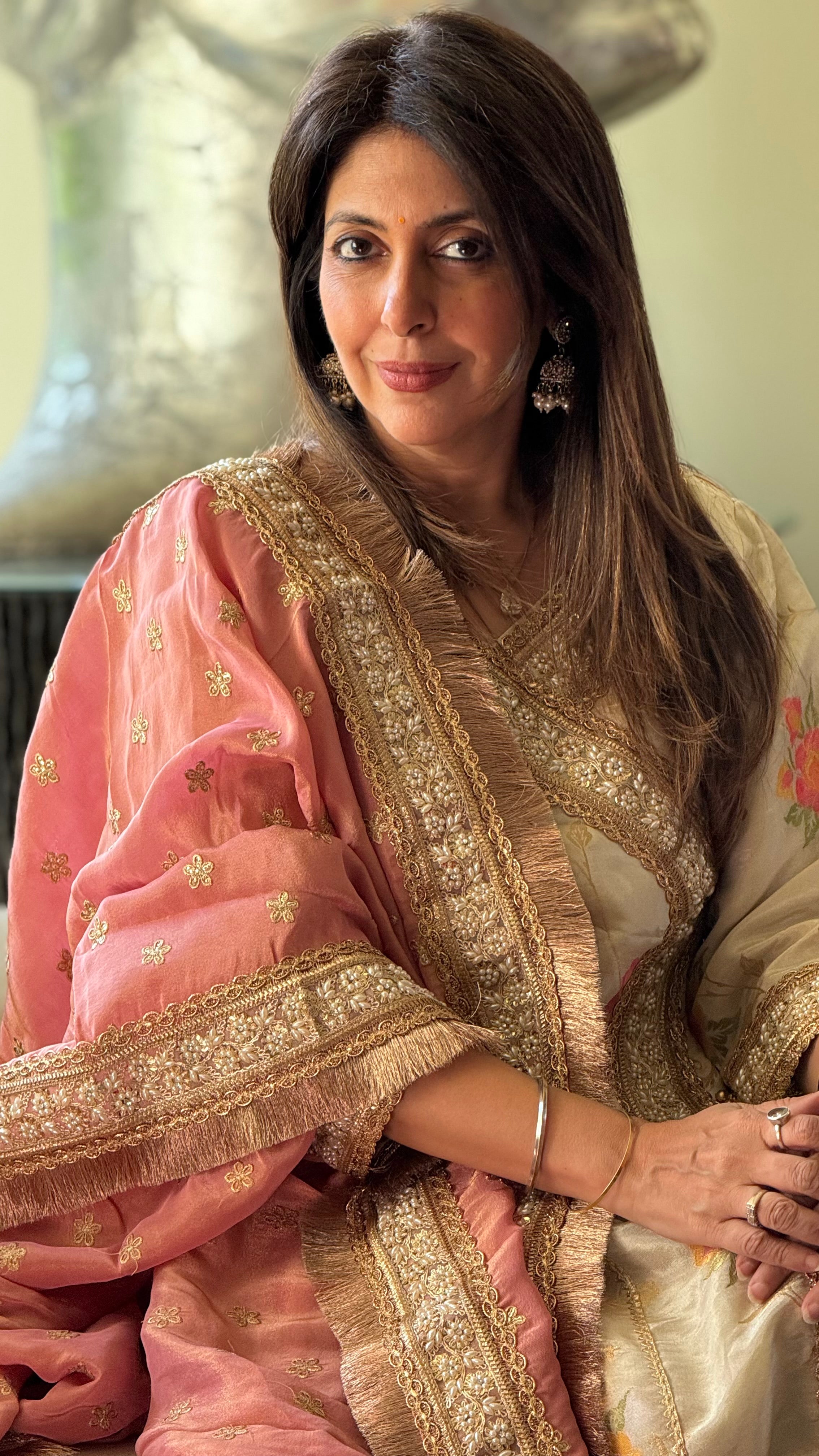 Ivory And Pink Hamida Angarkha set