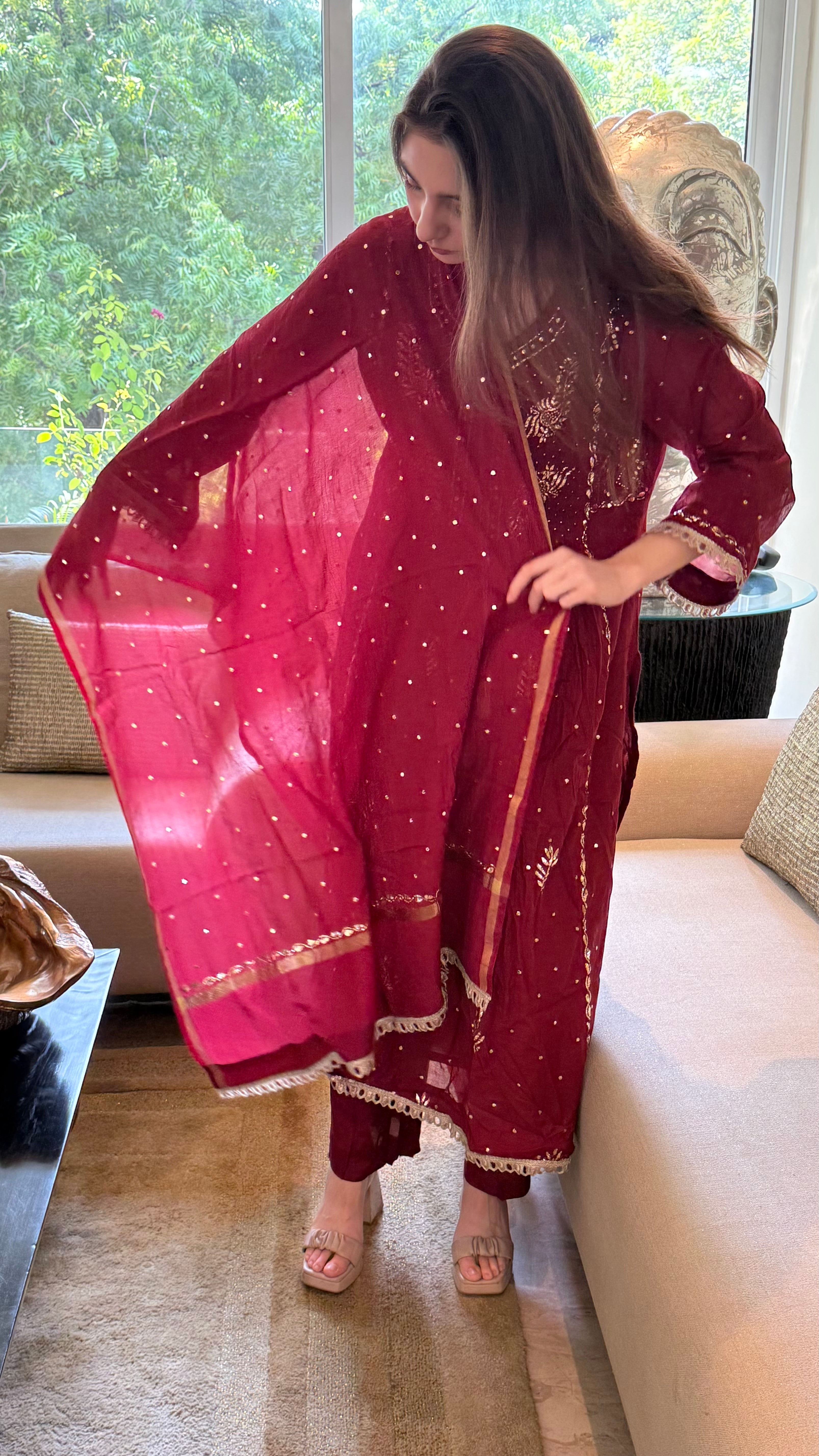 Maroon Haya Kurta Dupatta Pant Set in Chanderi with Golden Pitta