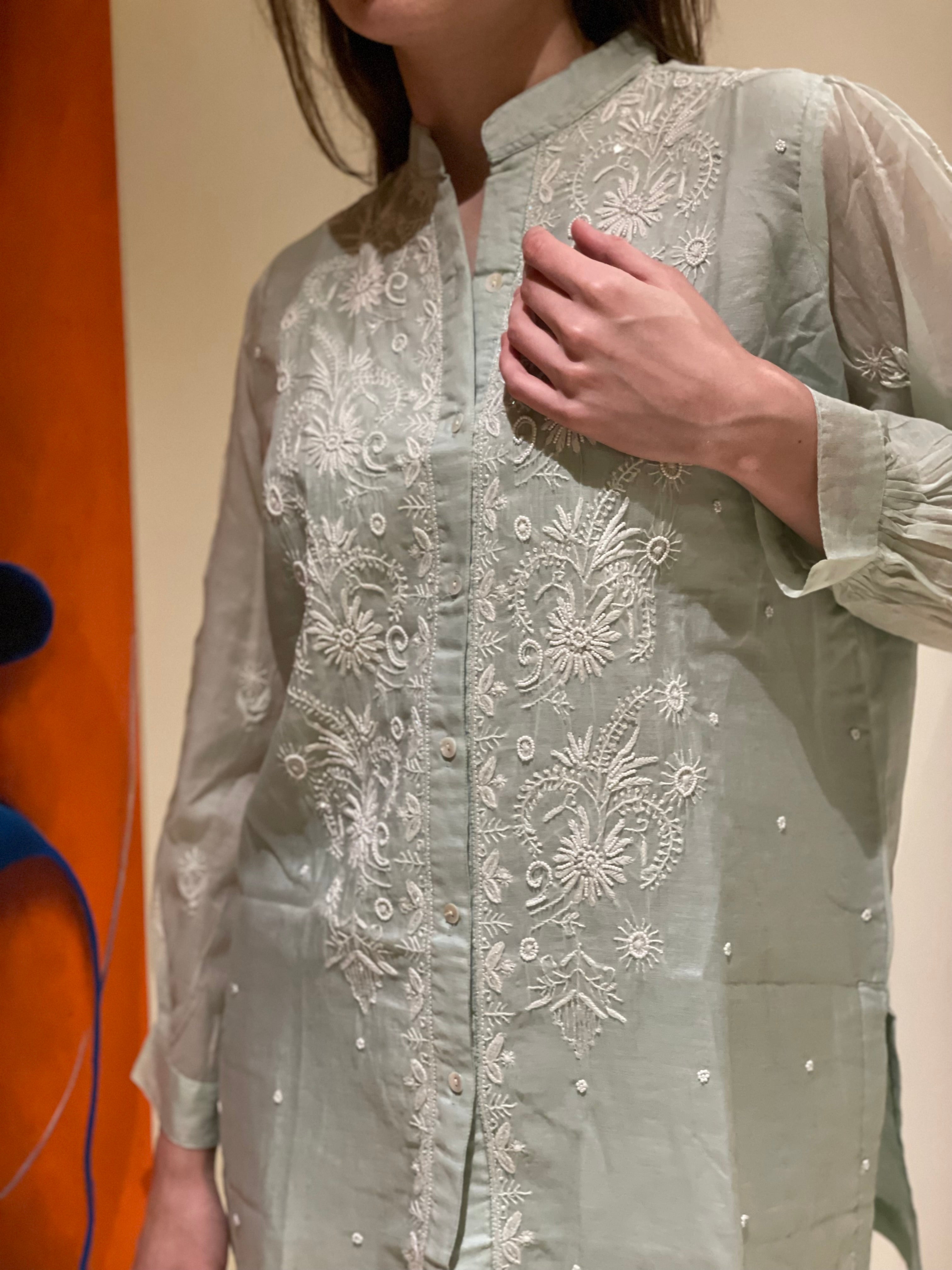 Aqua Mul Chanderi Jahan Chikankari Co-ord Set with Moti cutdana