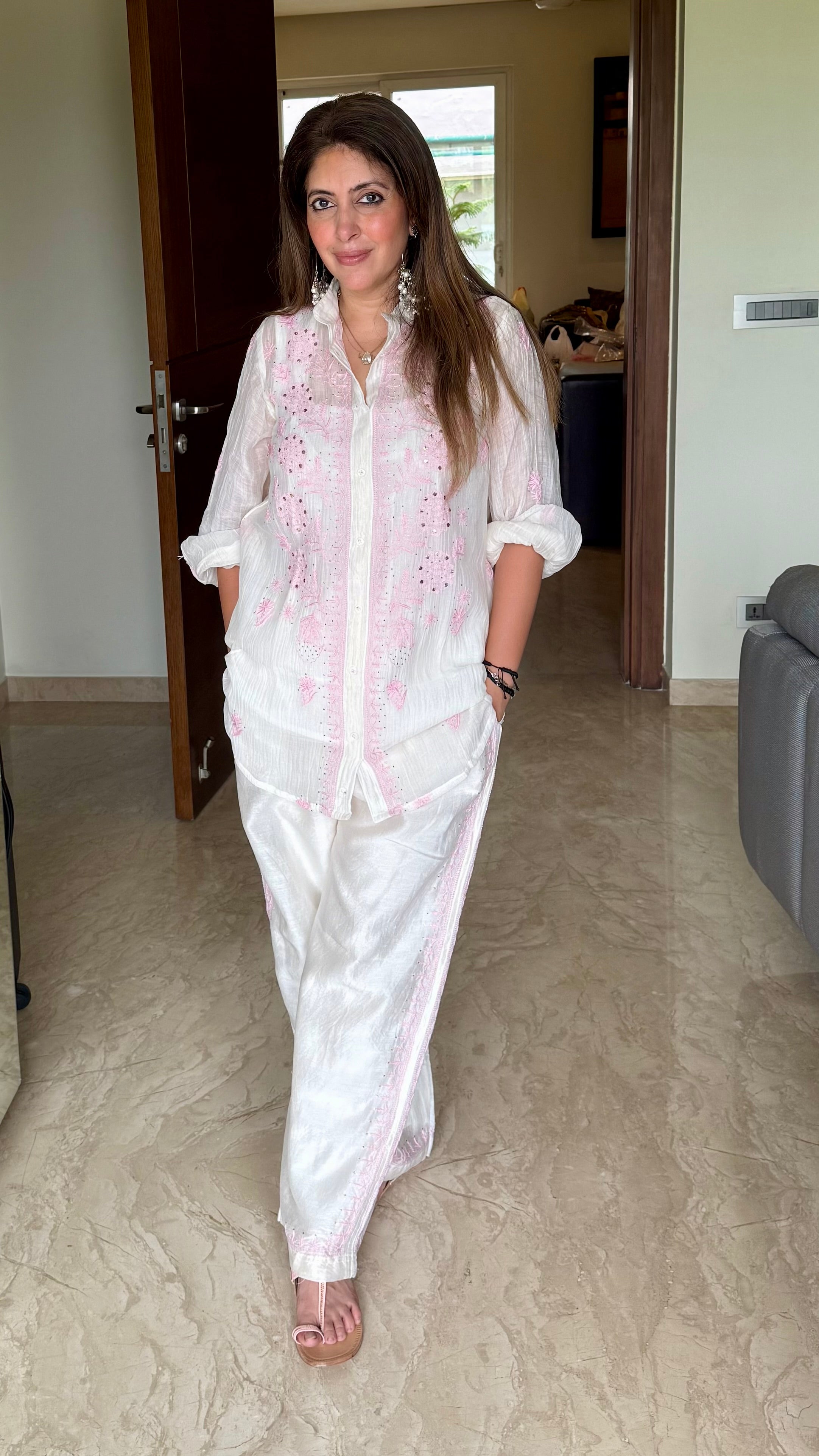 White Pink Mul Chanderi Jahaan Co-ord set with Mukaish
