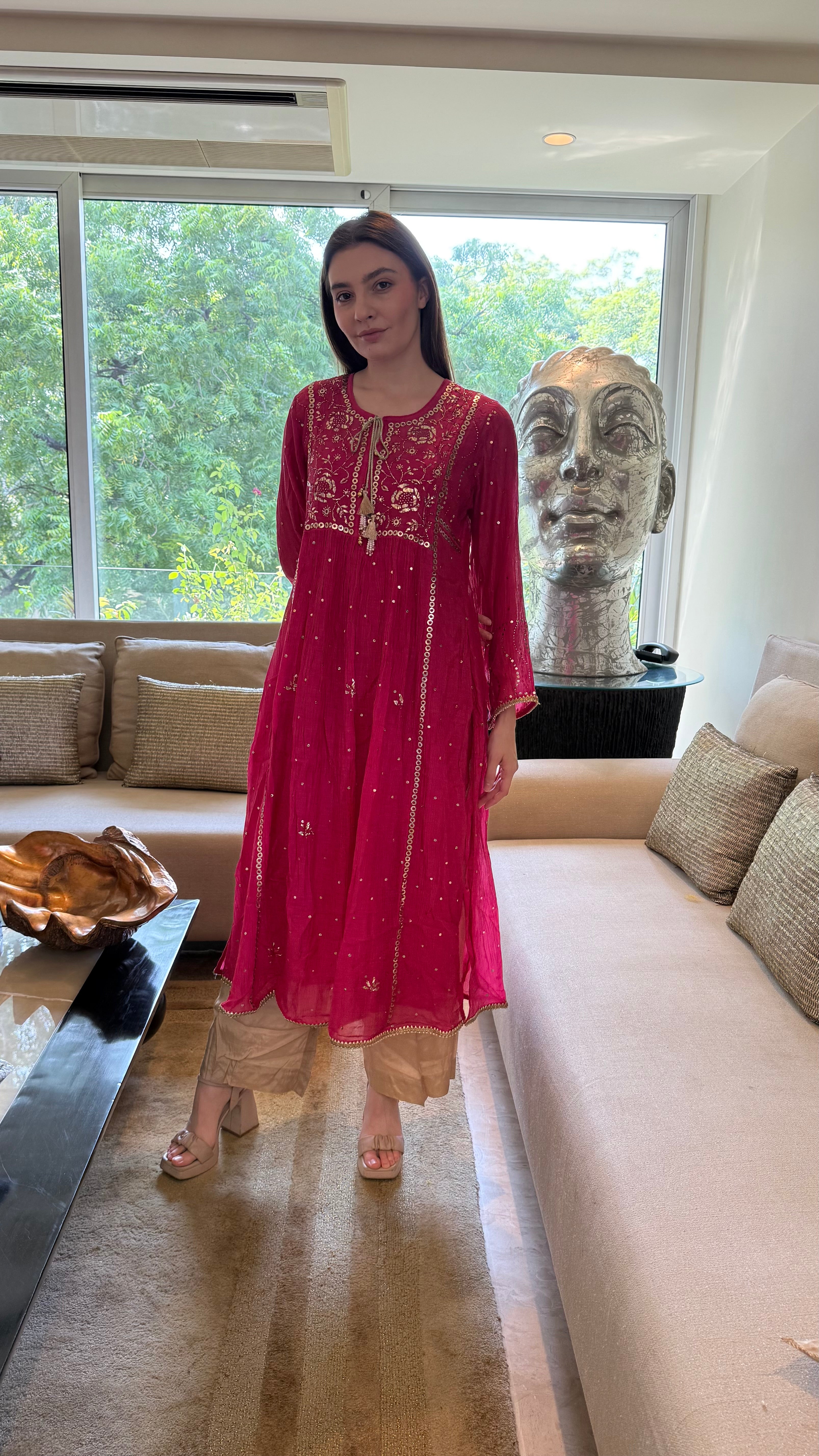 Raani Haya Kurta Dupatta Pant Set in Chanderi with Golden Pitta