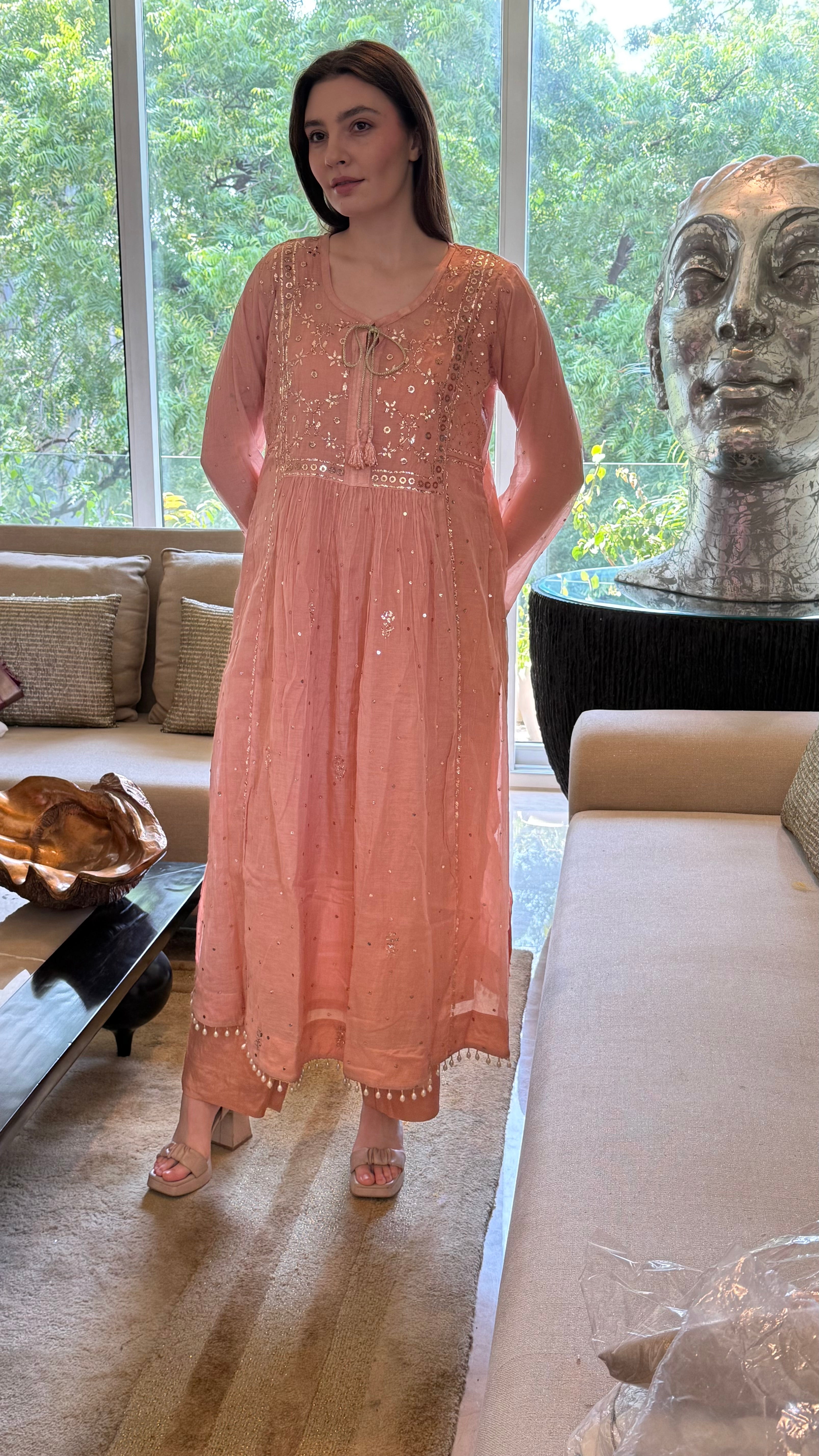 Dark Nude Haya Kurta Dupatta Pant Set in Chanderi with Golden Pitta