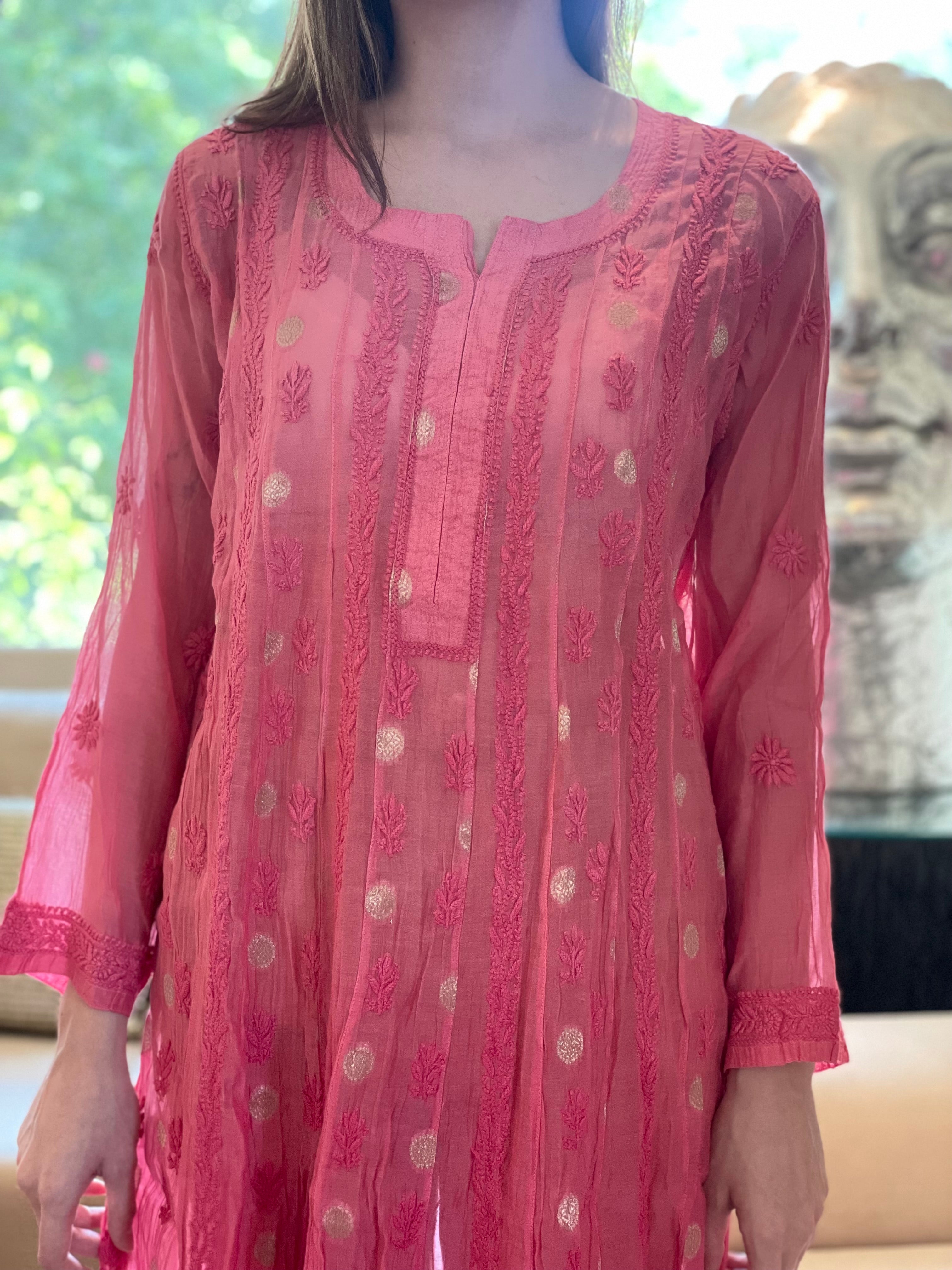 Pink Bano Mul Chanderi Anarkali With Brocade