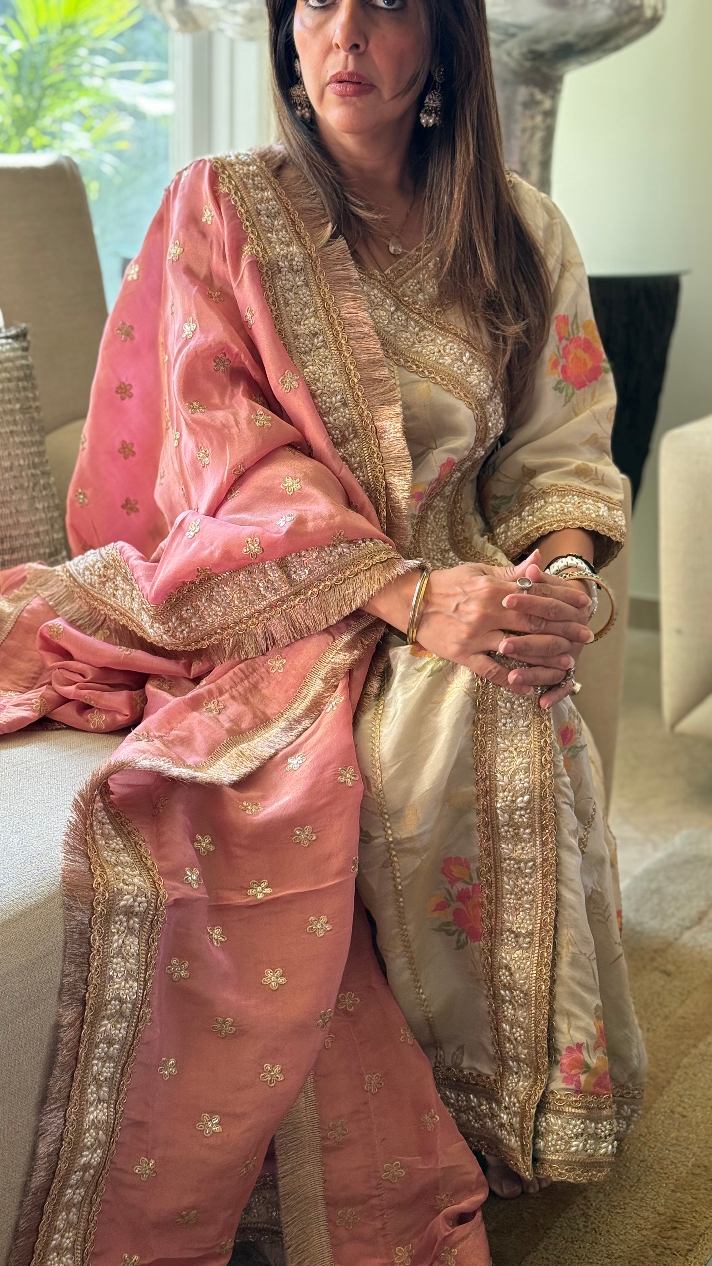 Ivory And Pink Hamida Angarkha set