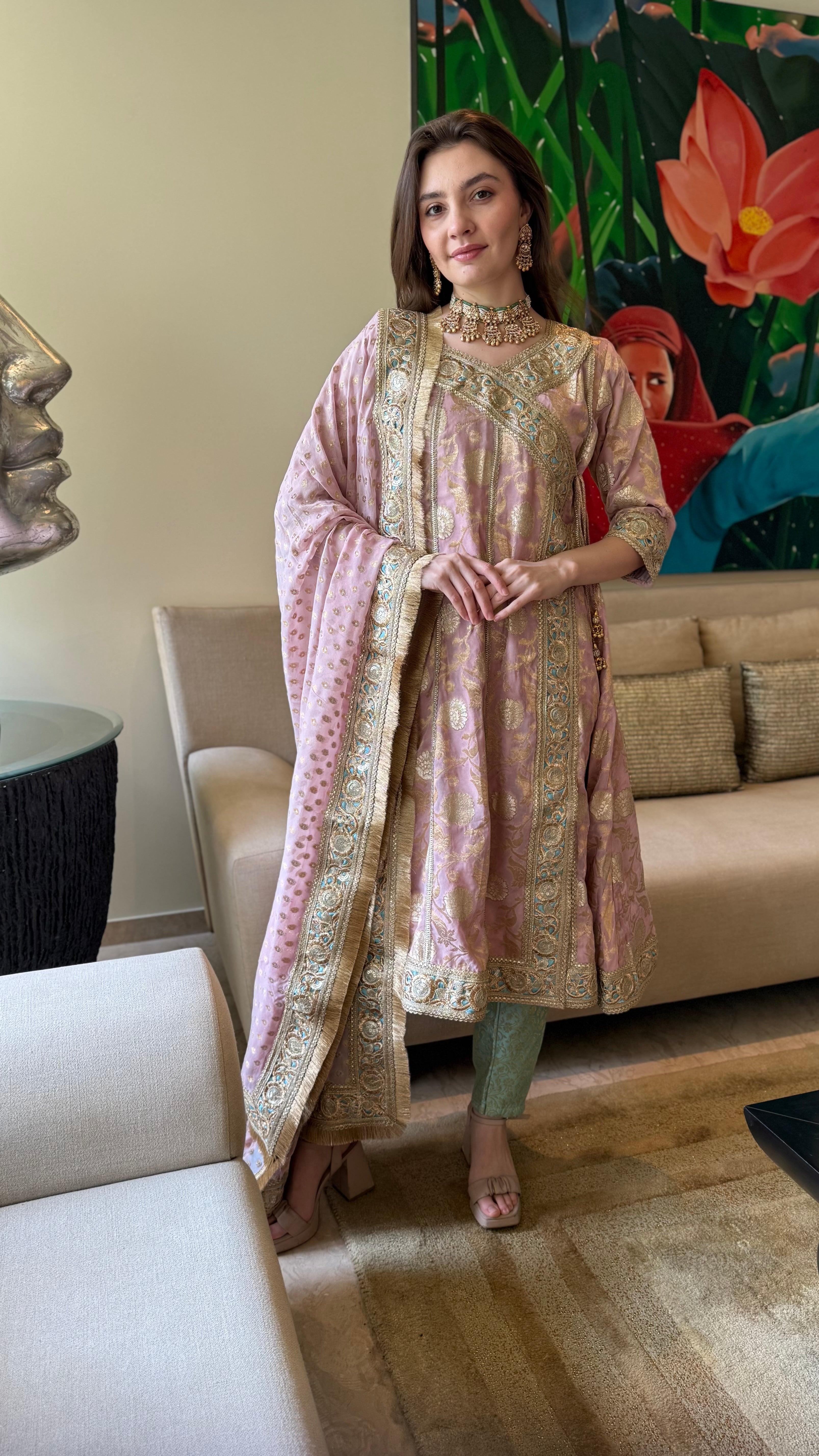 Hamida Angarkha Set in Pink & Teal