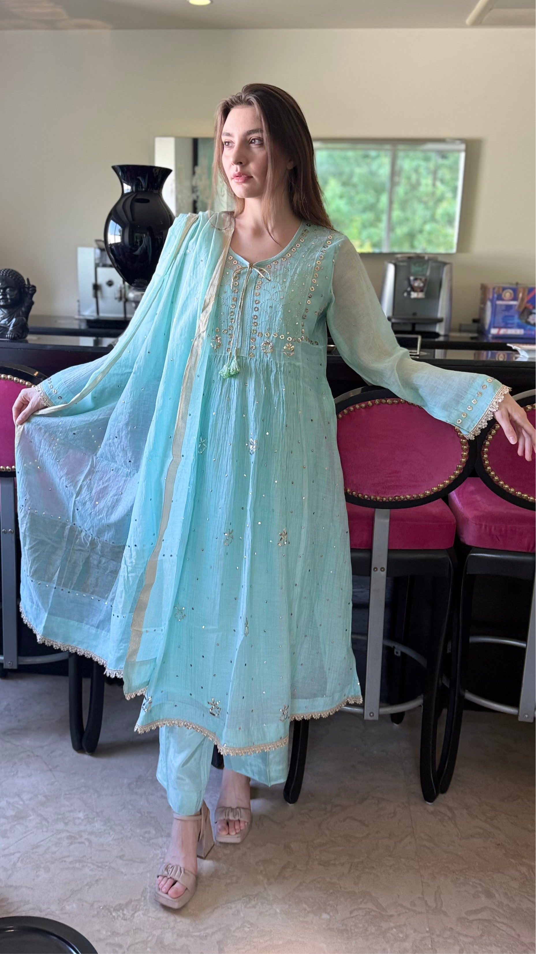 Aqua Haya Kurta Dupatta Pant Set in Chanderi with Golden Pitta