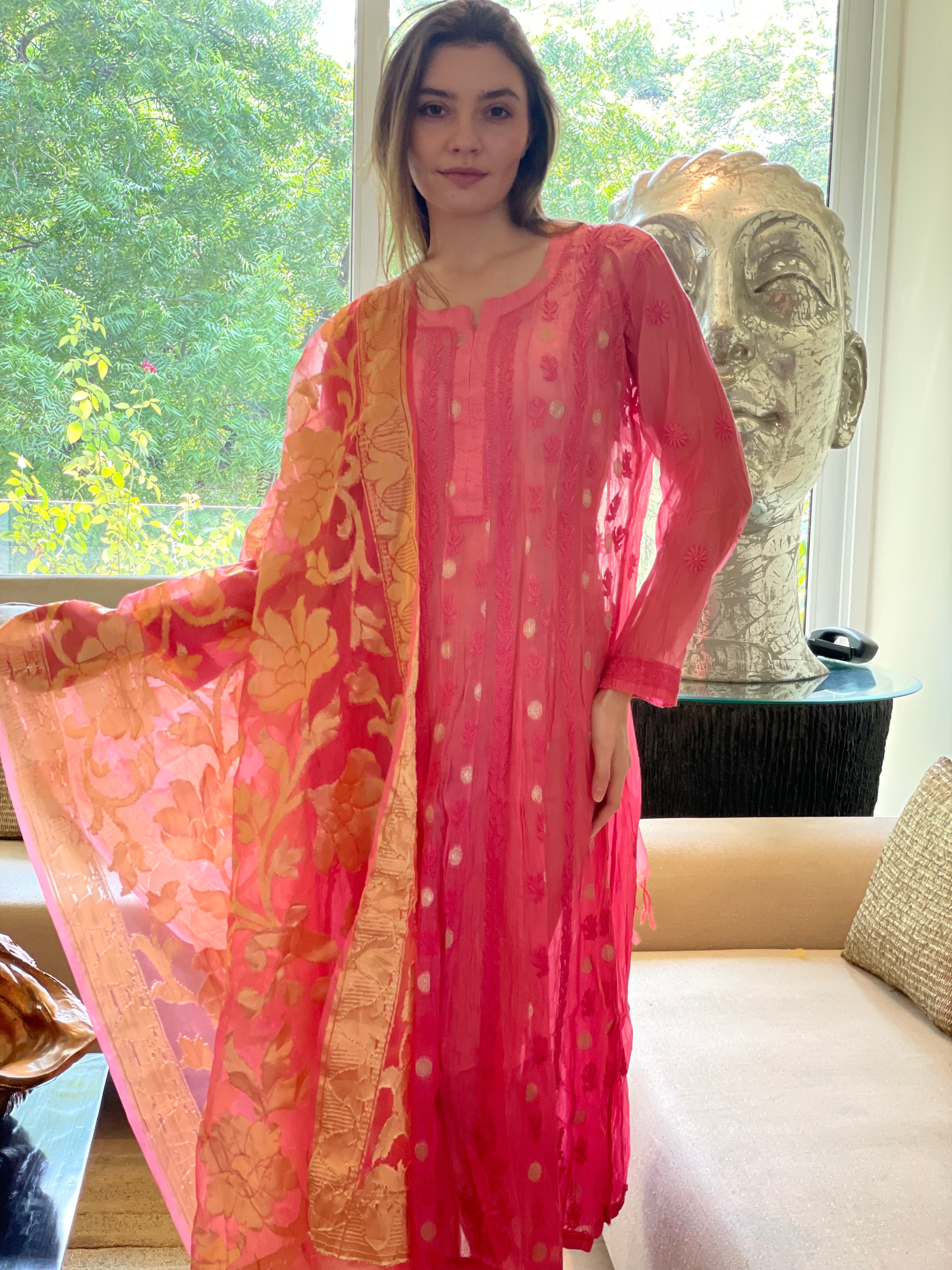 Pink Bano Mul Chanderi Anarkali With Brocade