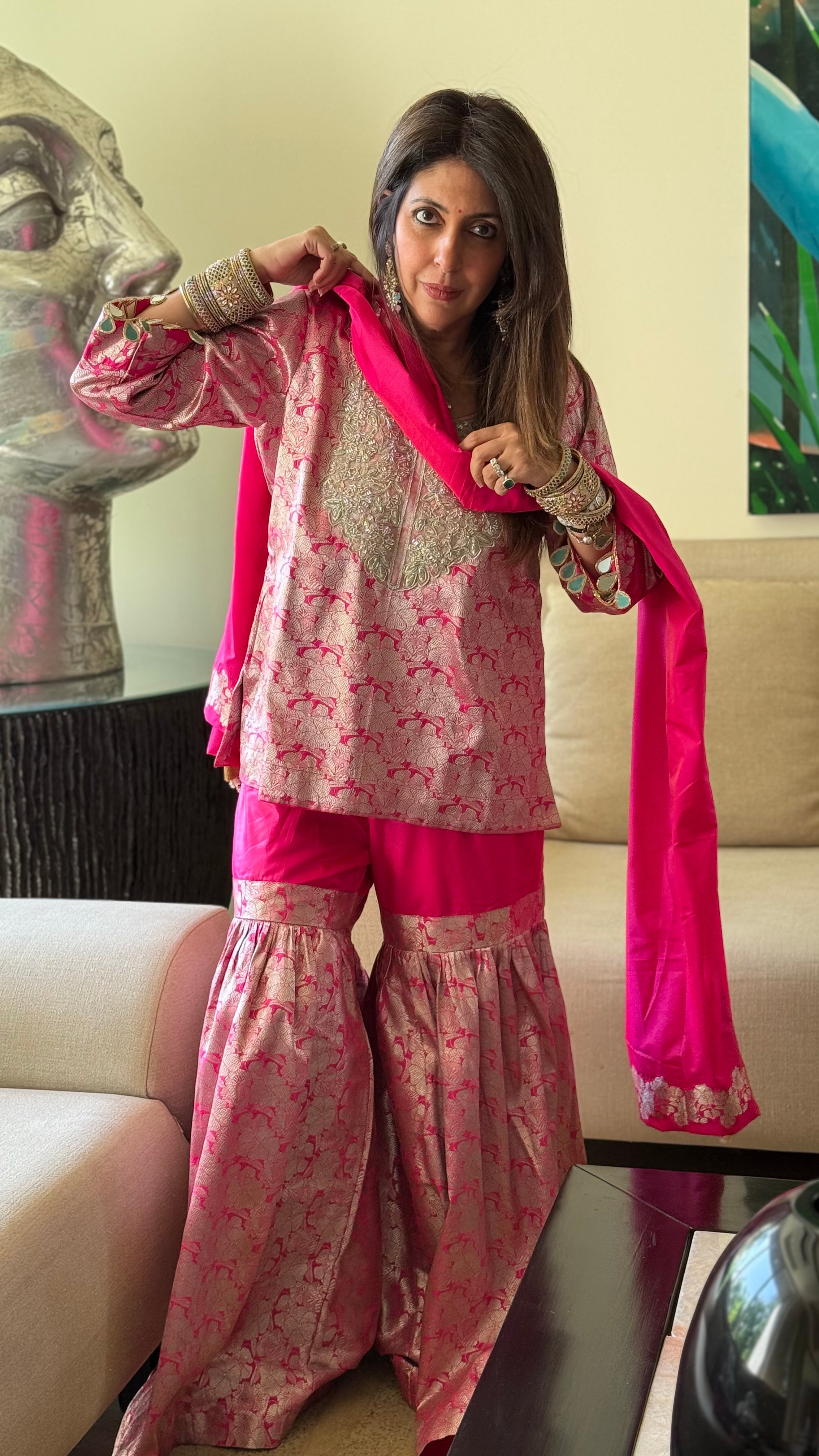 Pink Silver Noori Gharara brocade set