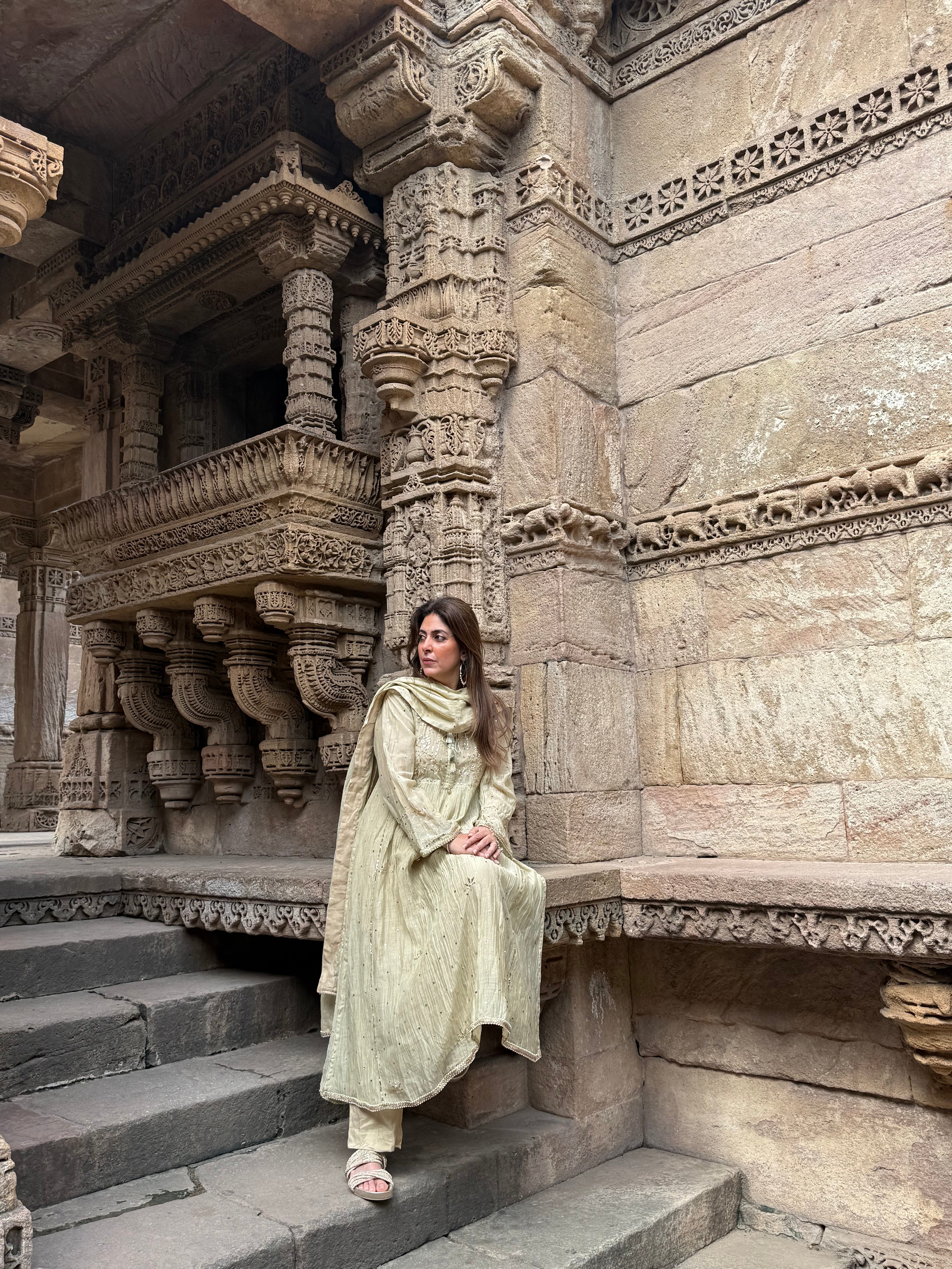 Sage Green Haya Kurta Dupatta Pant Set in Chanderi with Golden Pitta
