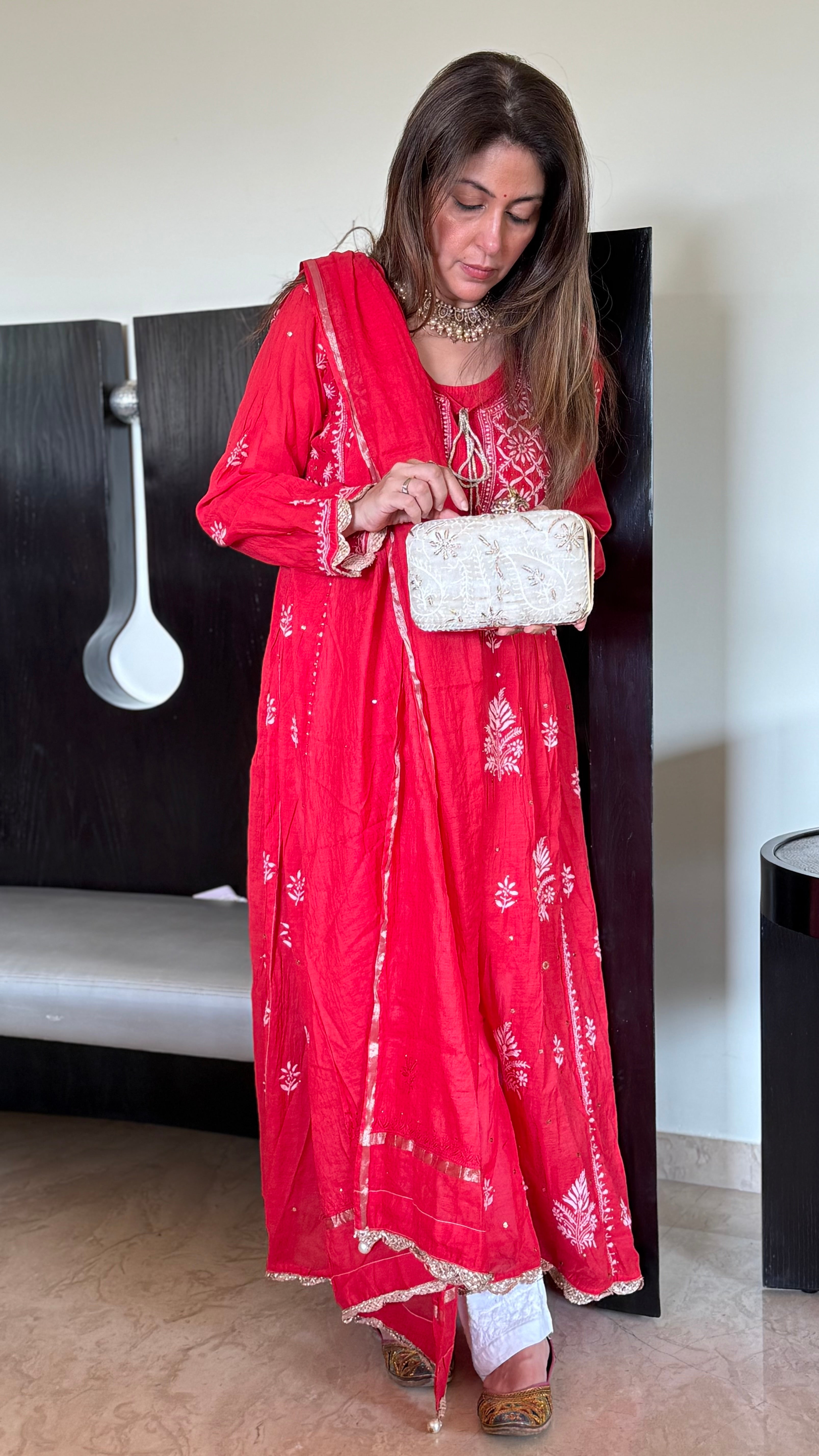 Beige Ameera Clutch With Lucknawi and Zari Emroidery