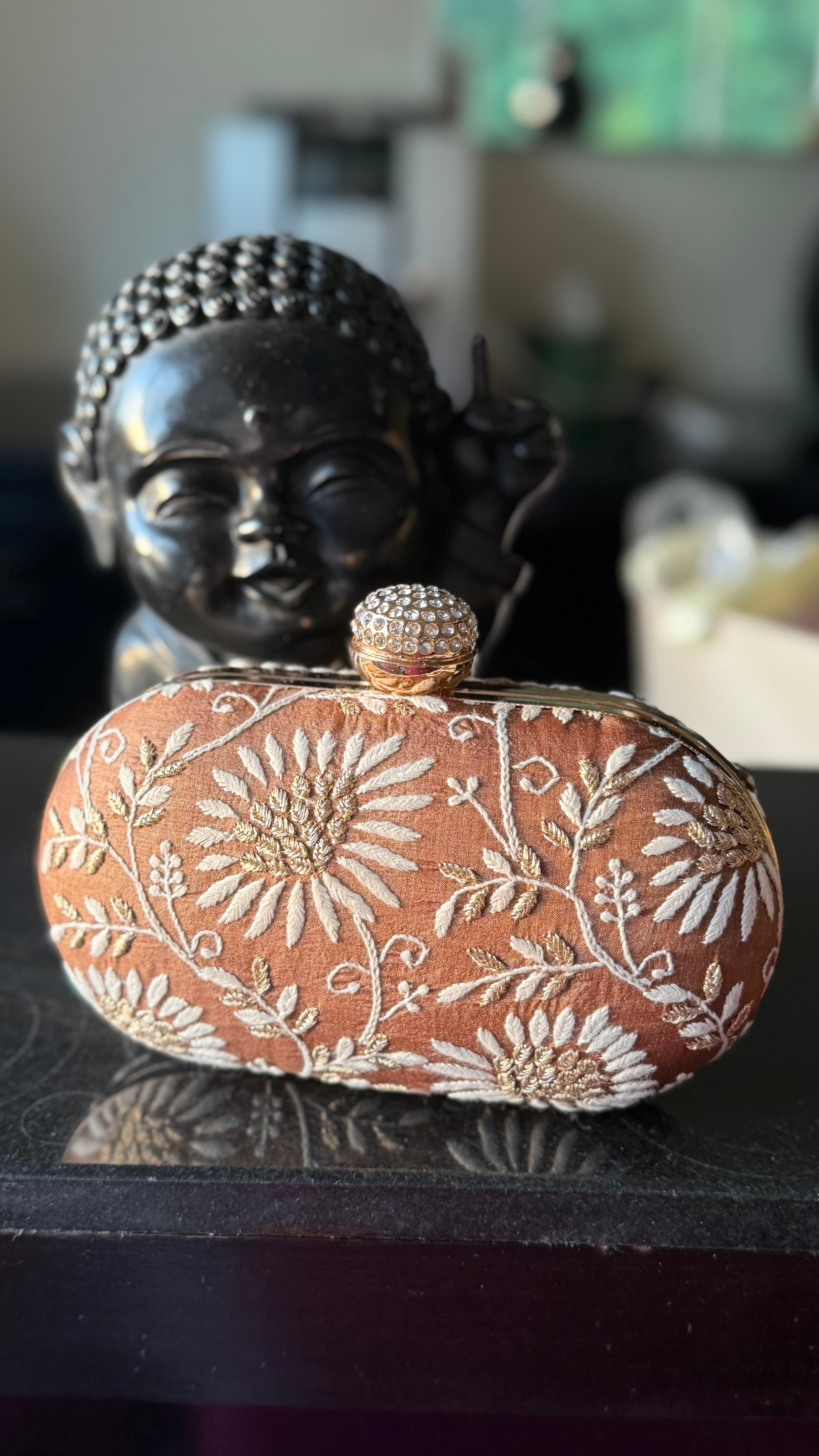 Brown Ameera Clutch With Lucknawi and Zari Emroidery