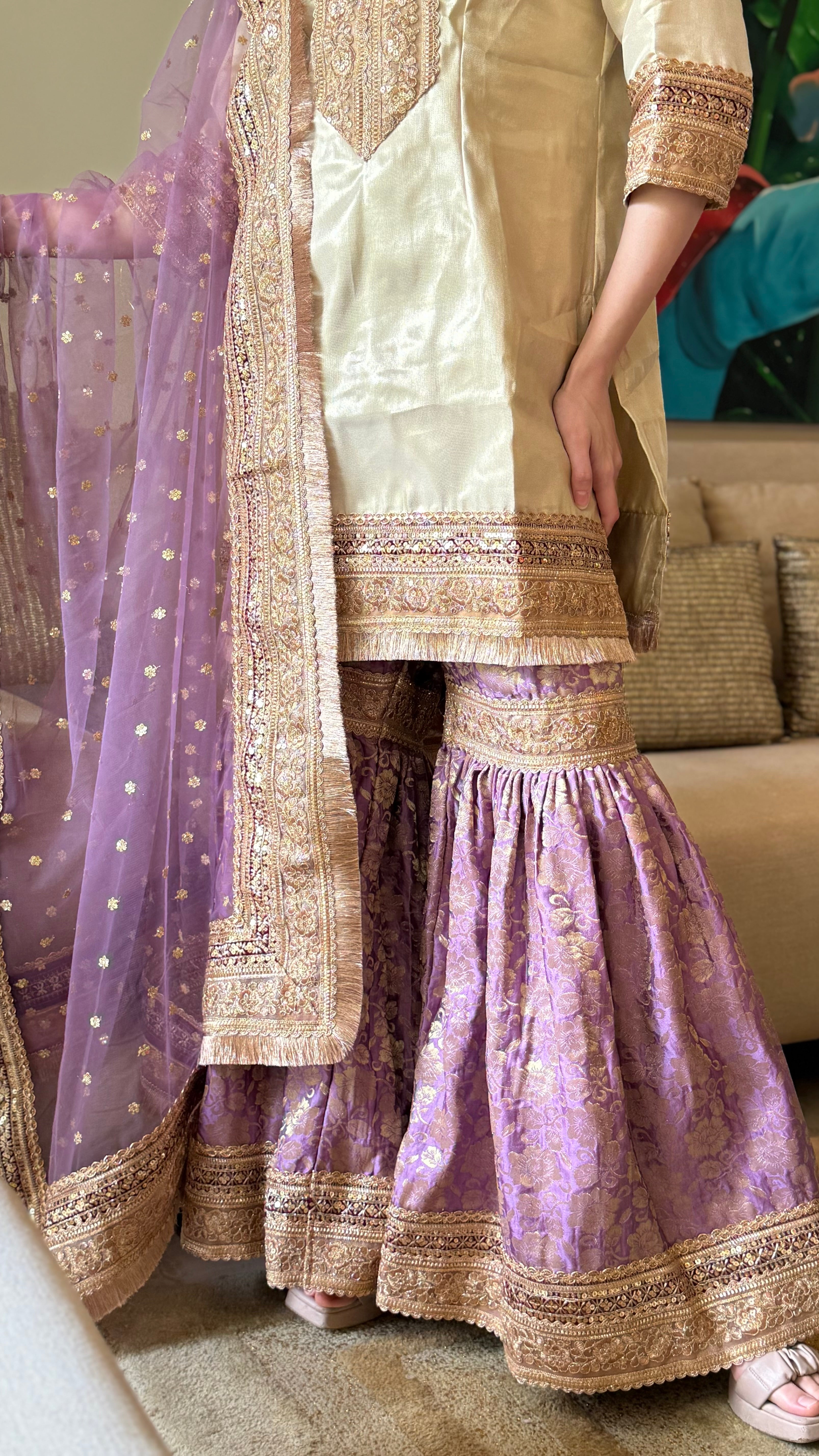 The Noor Jahan Gharara Set in Gold and Purple