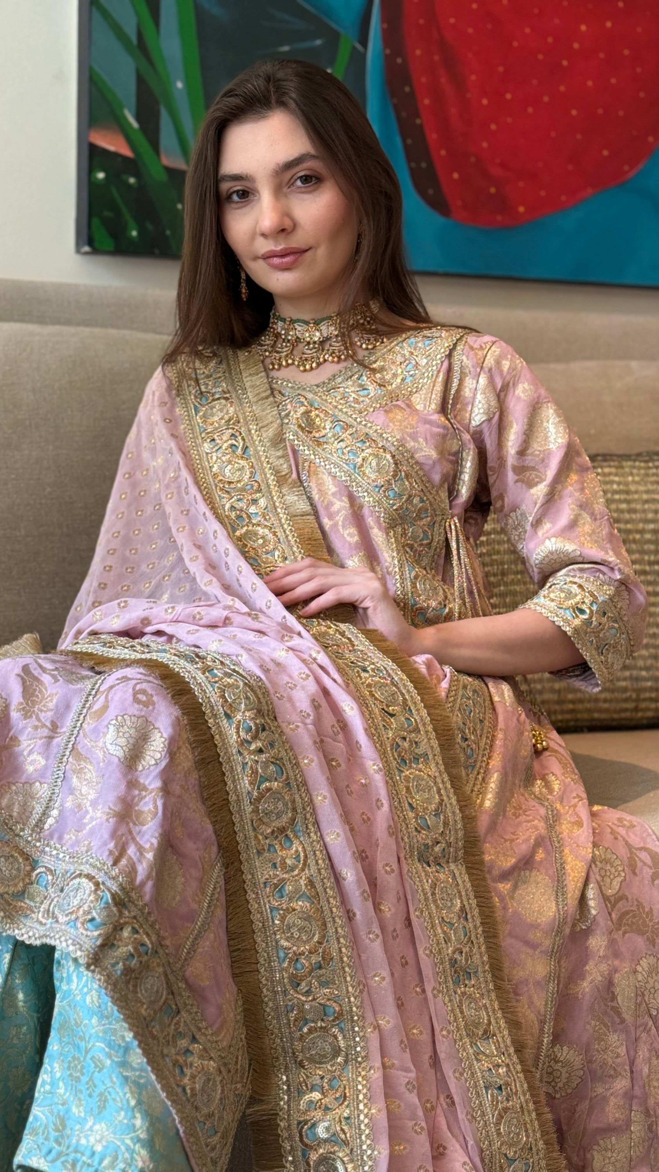 Hamida Angarkha Set in Pink & Teal