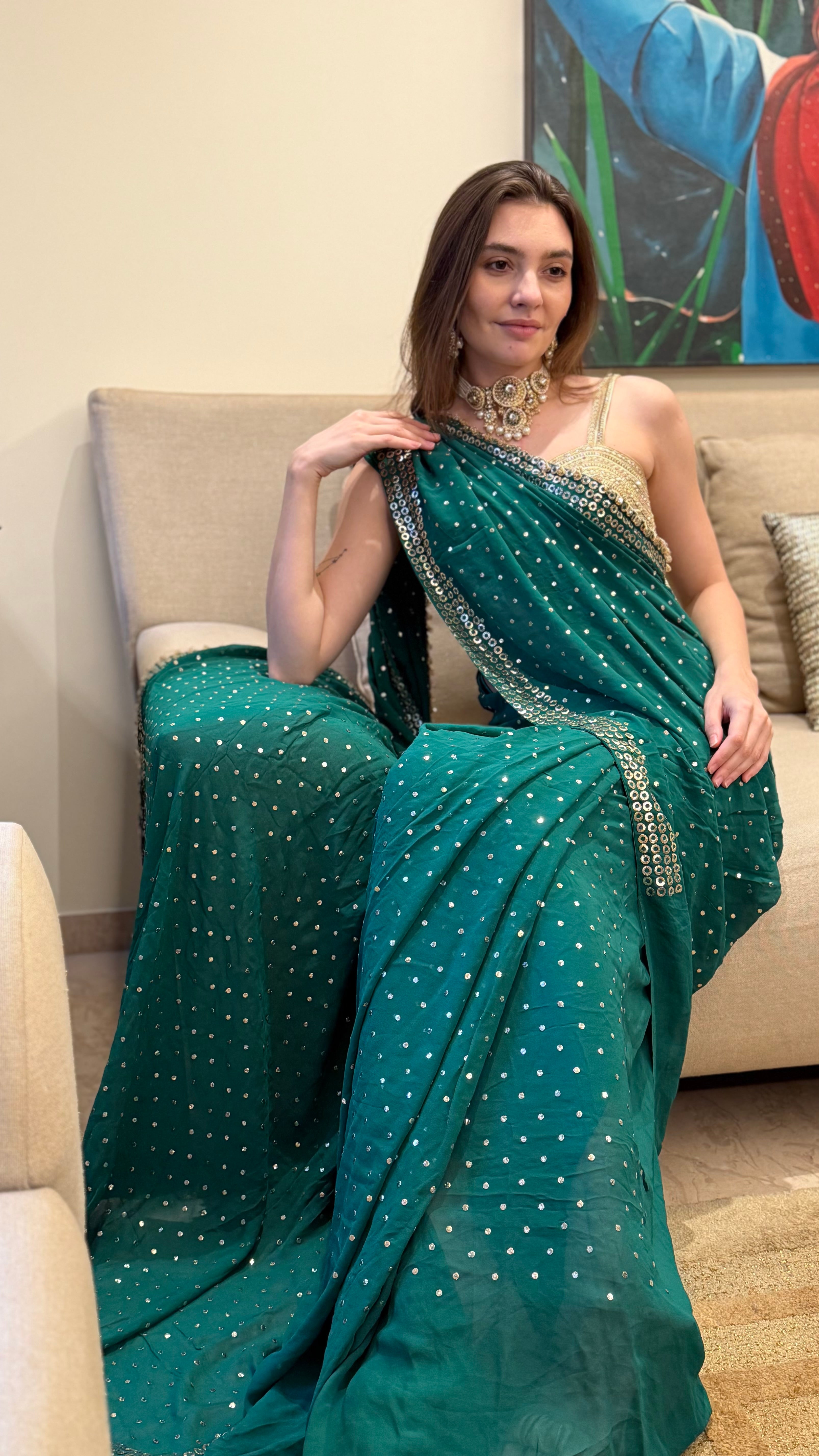 Emerald Green Georgette Mauvish Saree with Heavy Golden Pitta