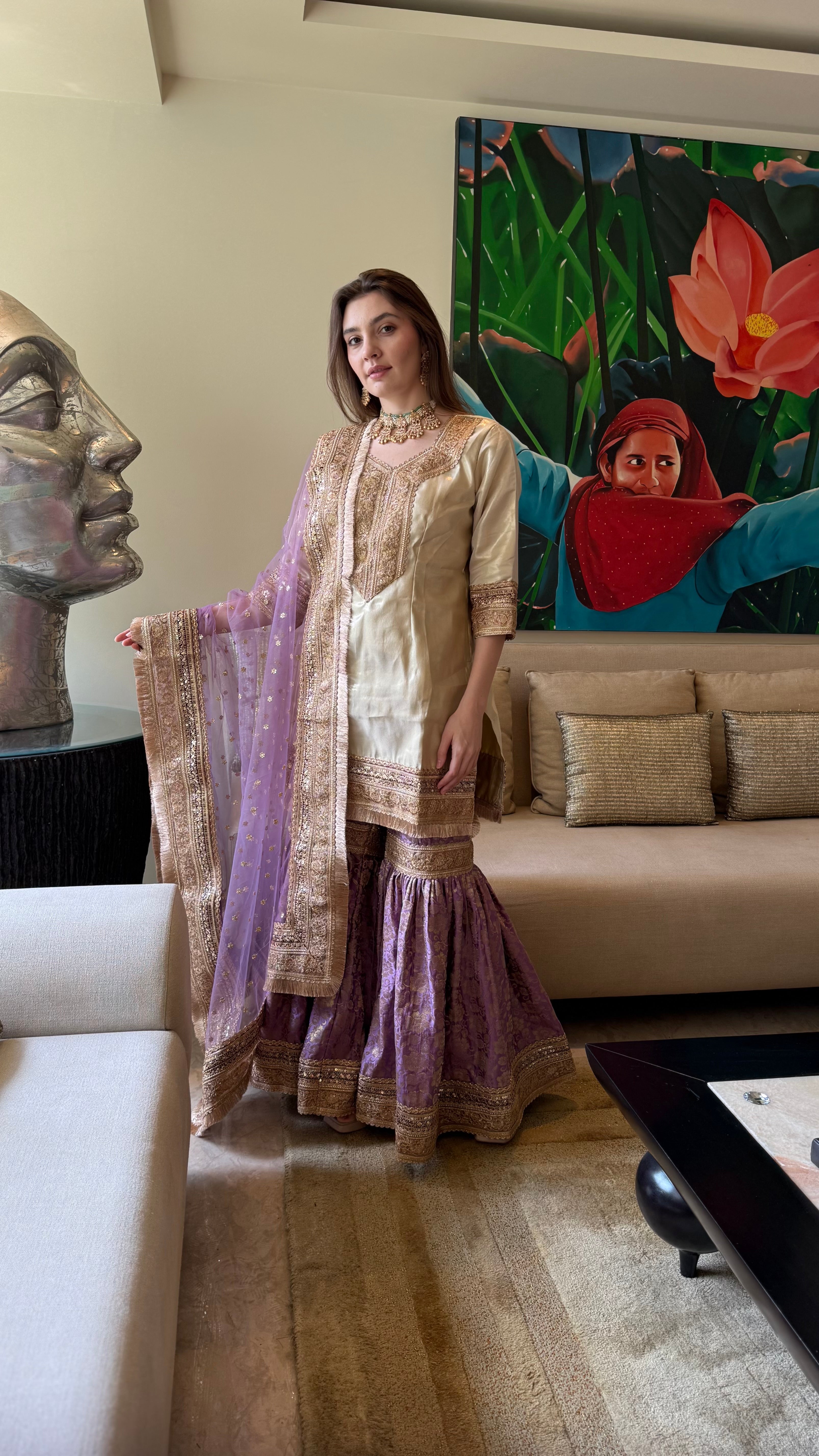 The Noor Jahan Gharara Set in Gold and Purple