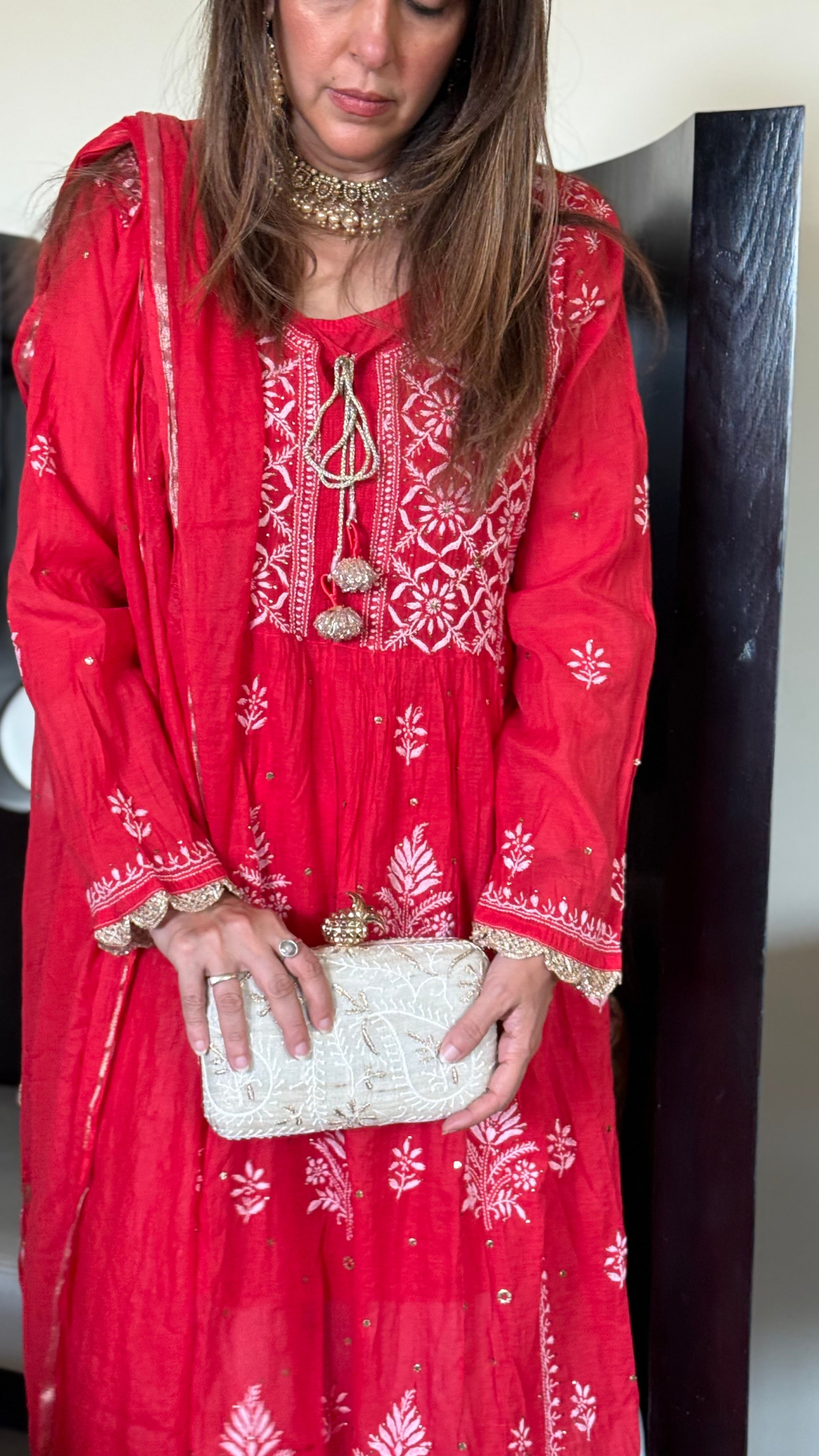Beige Ameera Clutch With Lucknawi and Zari Emroidery