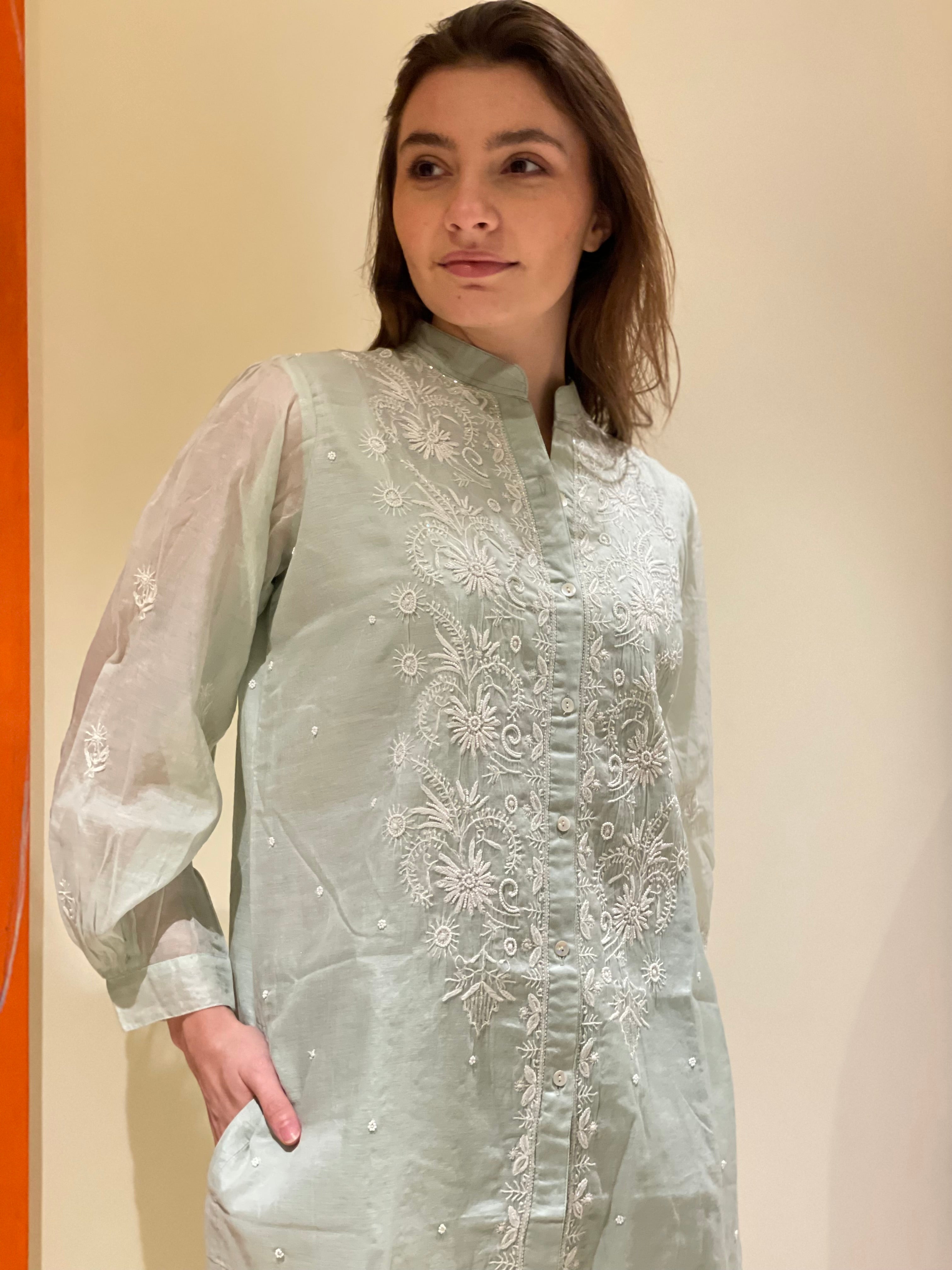 Aqua Mul Chanderi Jahan Chikankari Co-ord Set with Moti cutdana