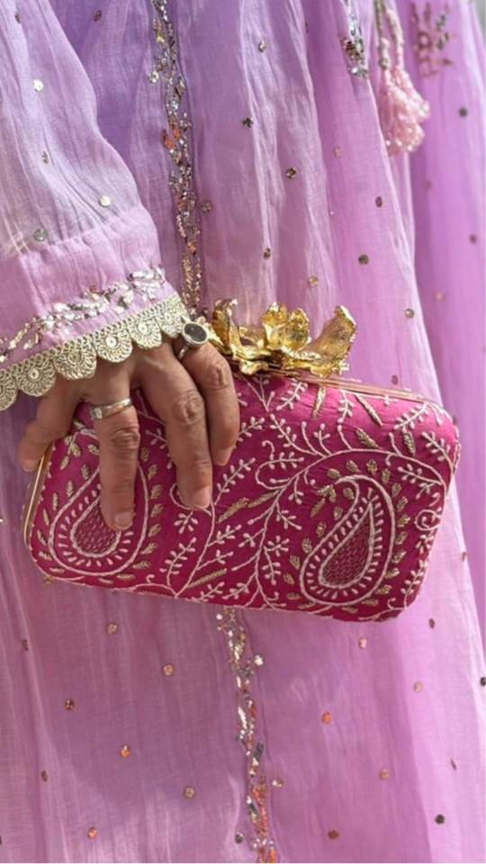 Pink Ameera Clutch With Lucknawi and Zari Emroidery