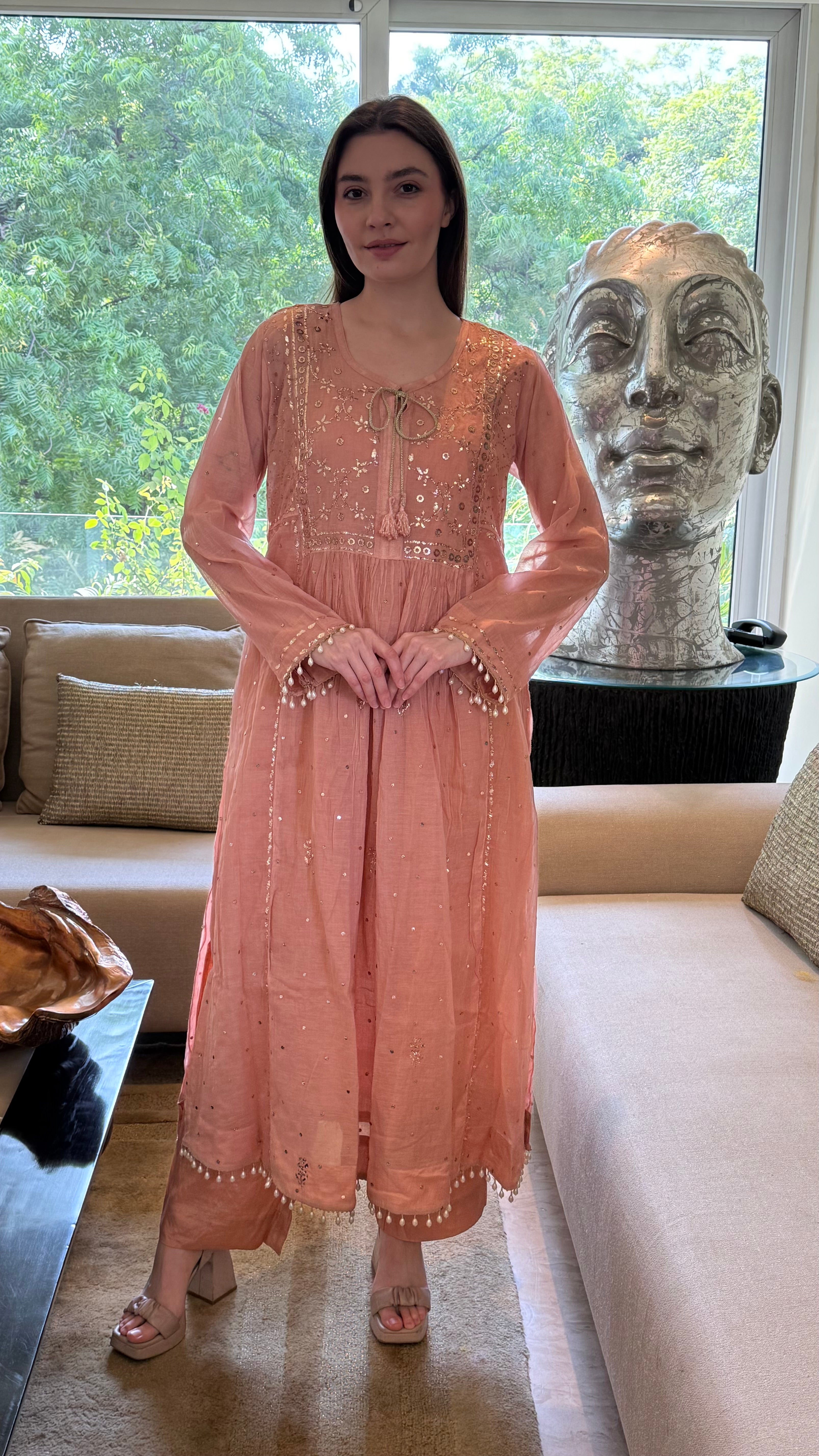 Dark Nude Haya Kurta Dupatta Pant Set in Chanderi with Golden Pitta