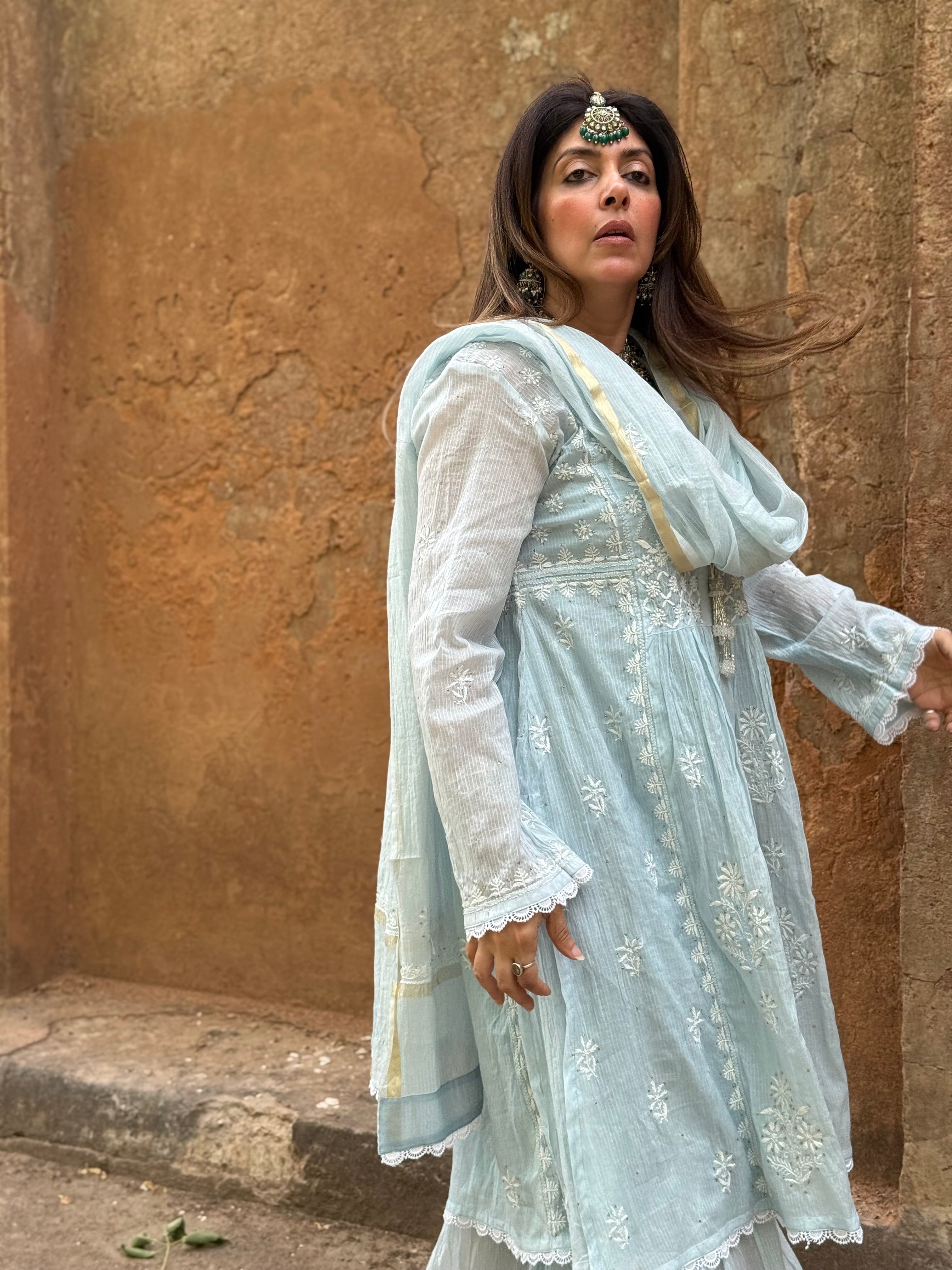 Sky Blue Mul Chanderi Gharara Set with Mukaish