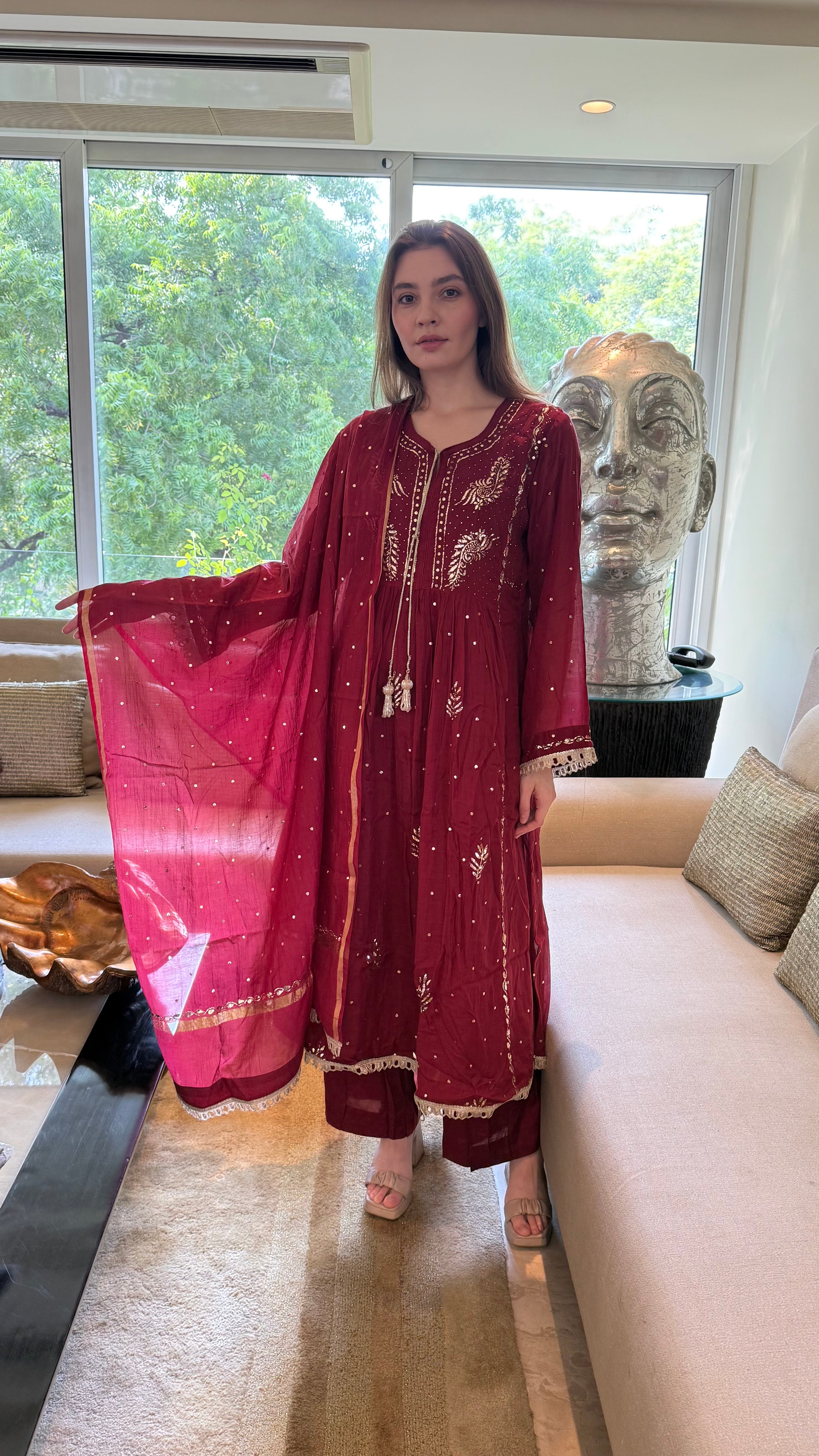 Maroon Haya Kurta Dupatta Pant Set in Chanderi with Golden Pitta