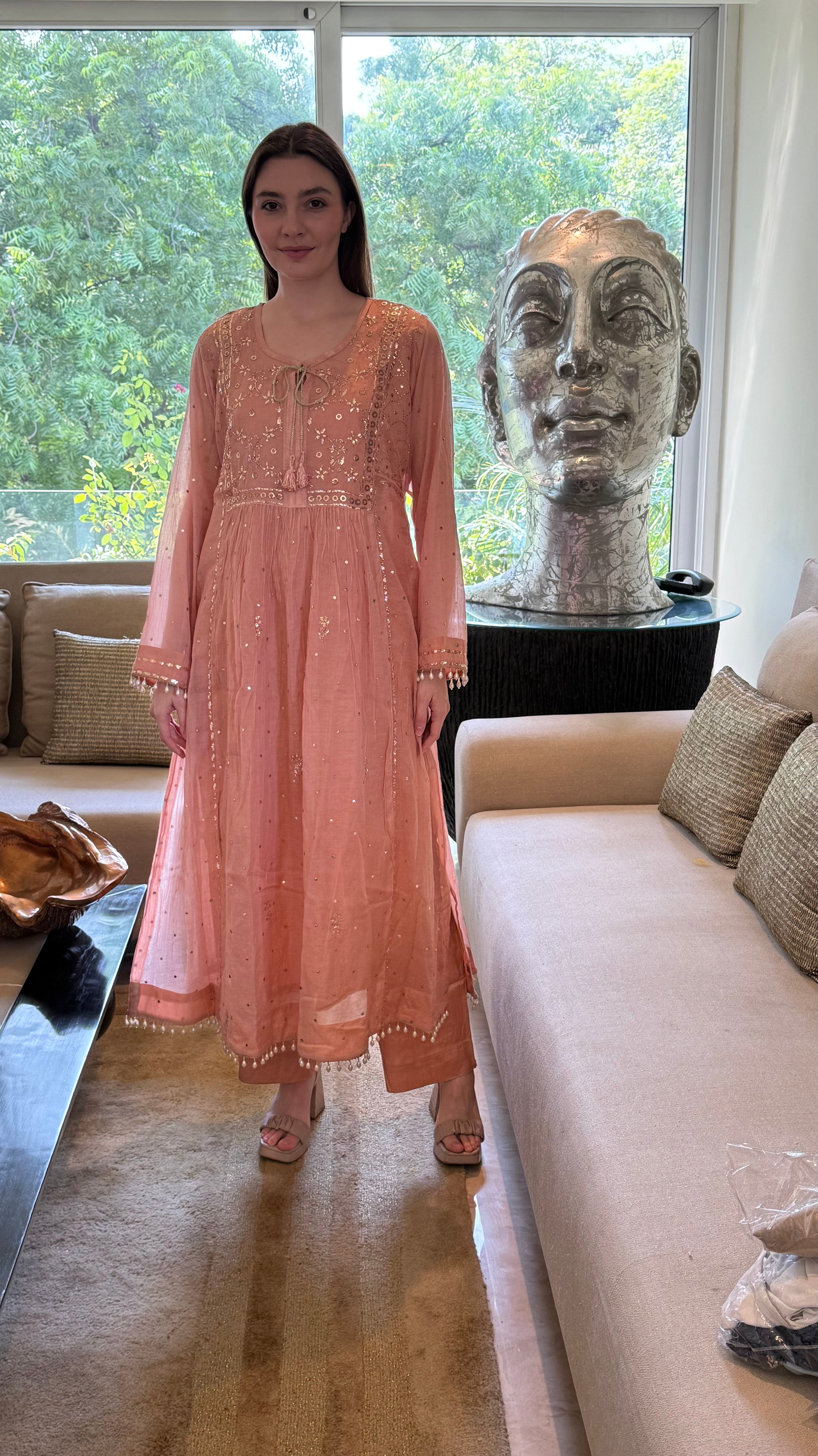 Dark Nude Haya Kurta Dupatta Pant Set in Chanderi with Golden Pitta