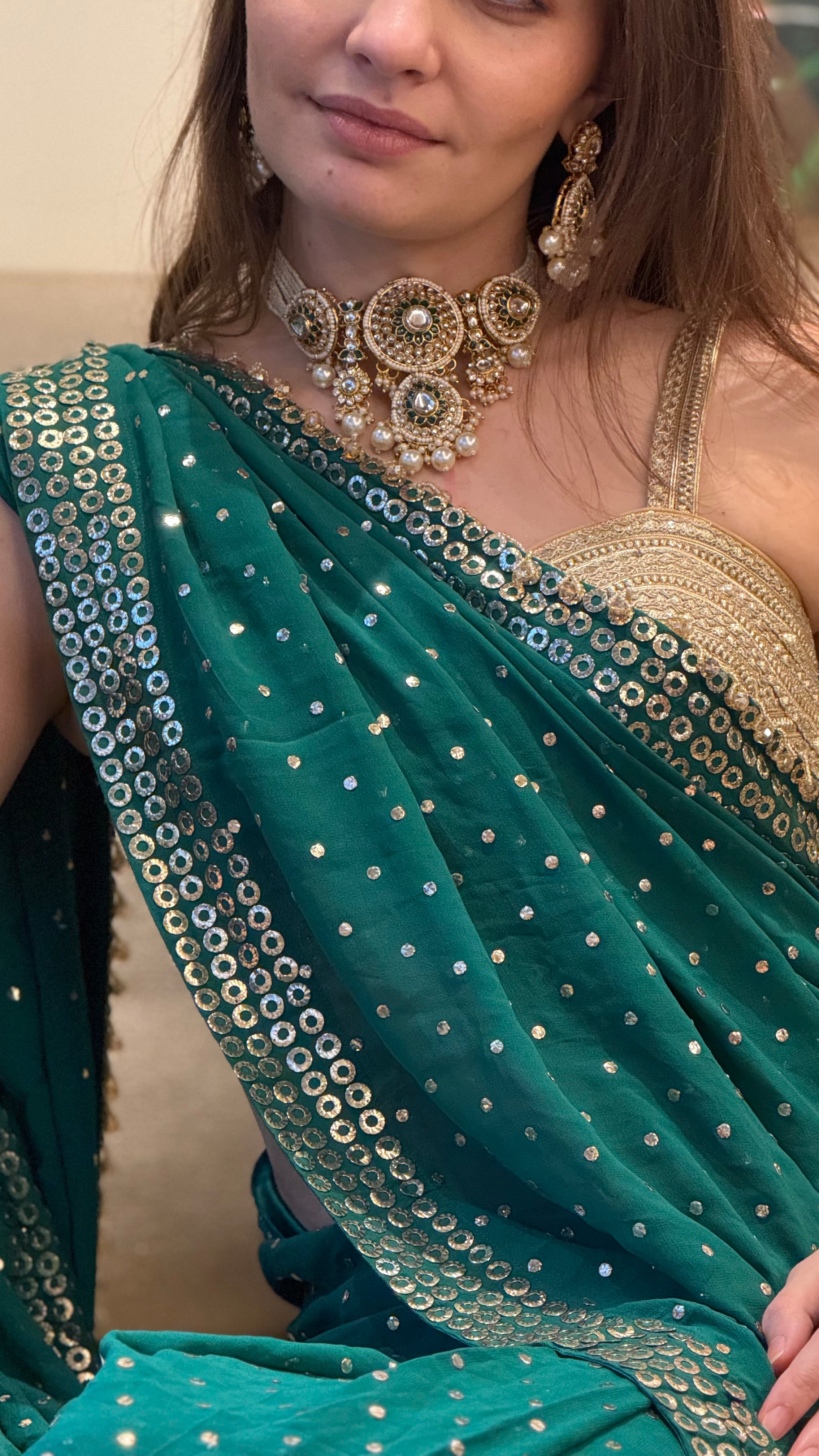 Emerald Green Georgette Mauvish Saree with Heavy Golden Pitta