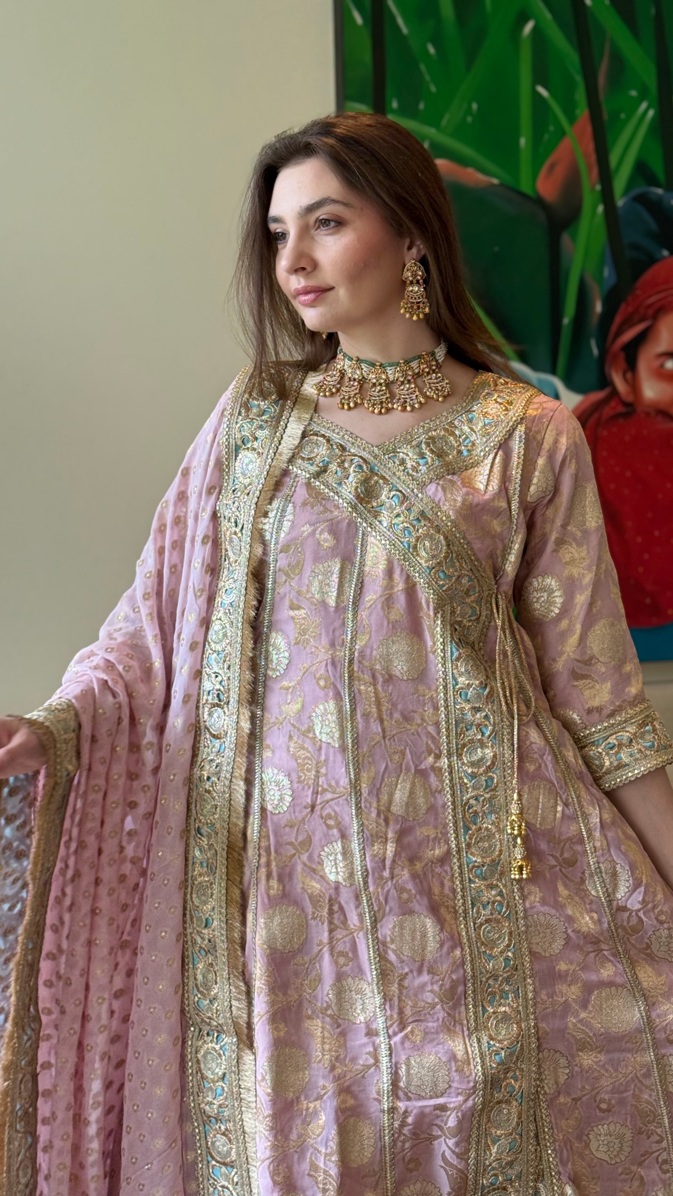 Hamida Angarkha Set in Pink & Teal