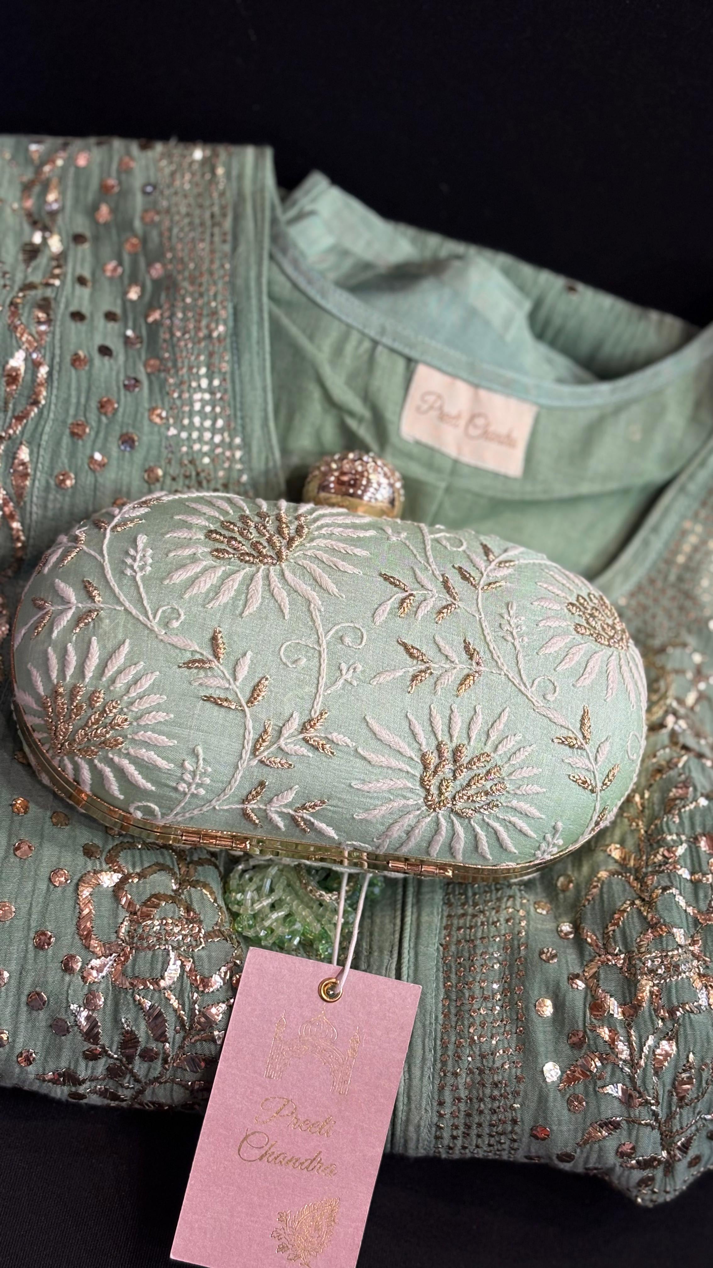 Apple green Ameera Clutch With Lucknawi and Zari Emroidery