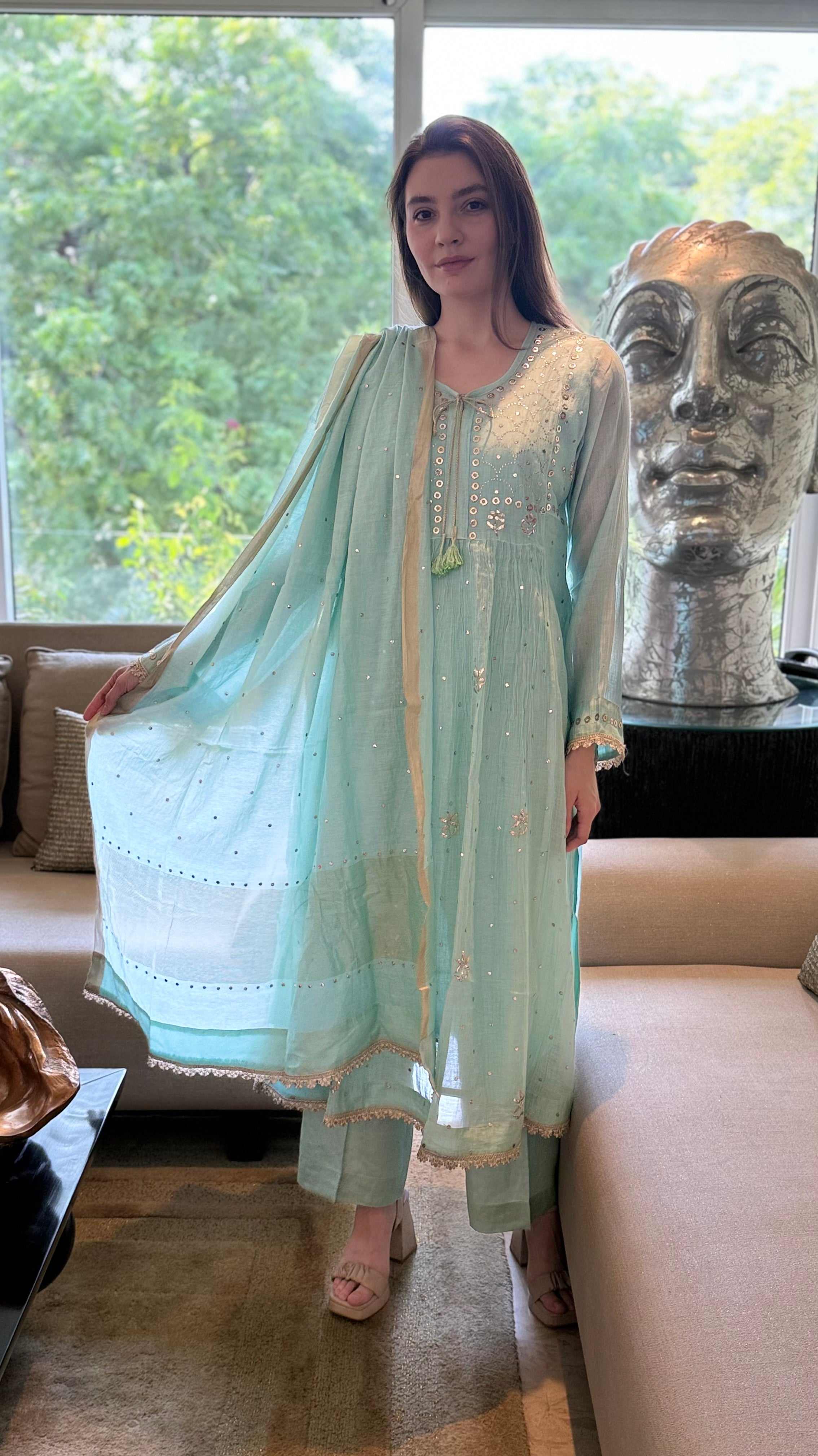 Aqua Haya Kurta Dupatta Pant Set in Chanderi with Golden Pitta